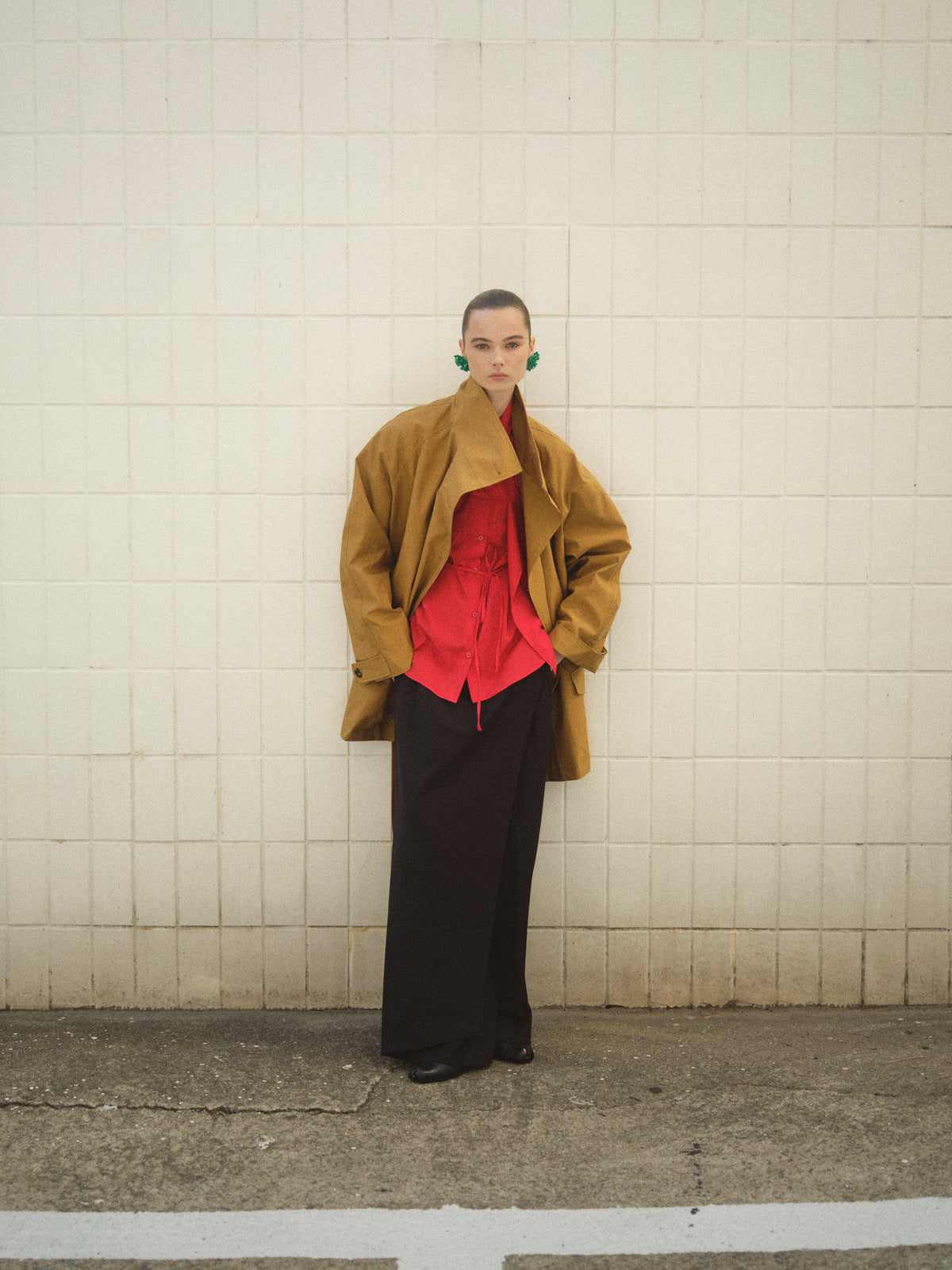 Ina High-Collar Belted Short Coat, Camel
