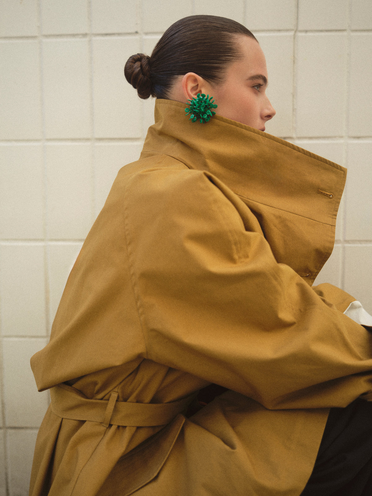 Ina High-Collar Belted Short Coat, Camel