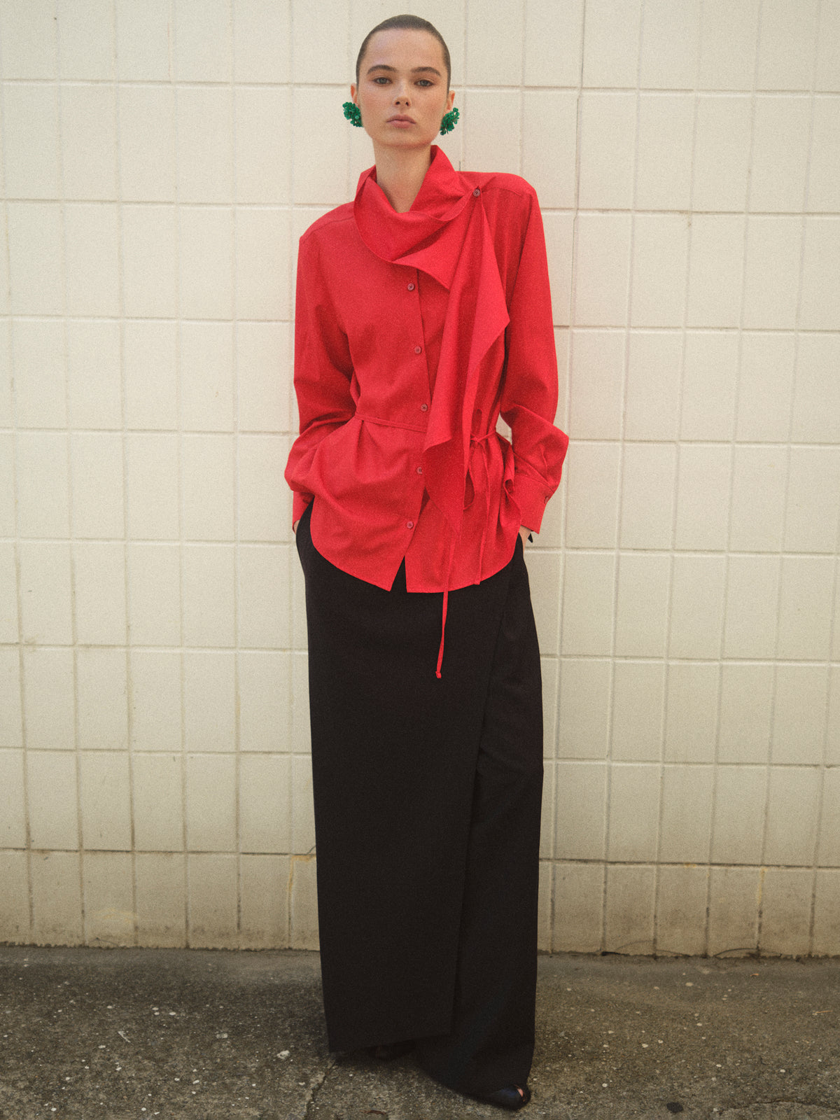 Vada Scarf Collar Shirt, Red