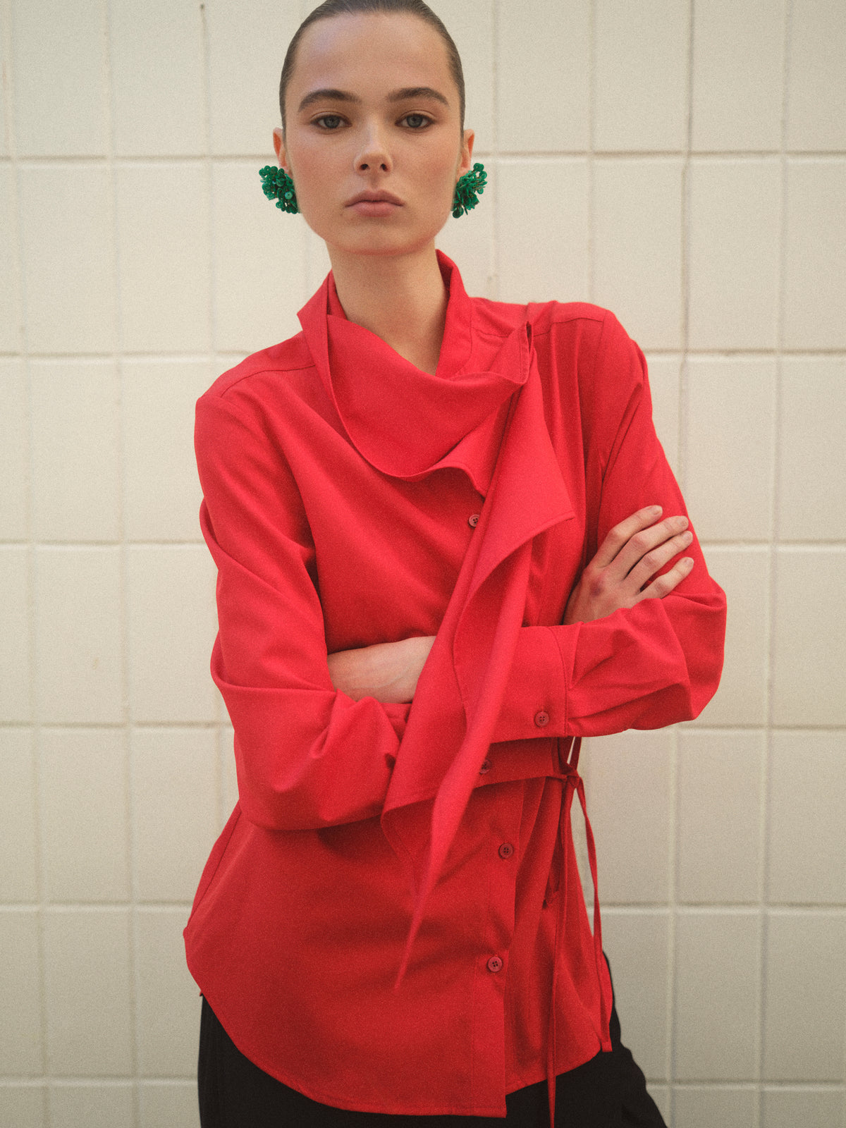 Vada Scarf Collar Shirt, Red