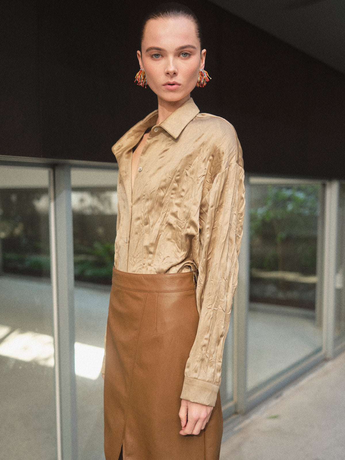 Raina Crinkled Satin Shirt, Beige