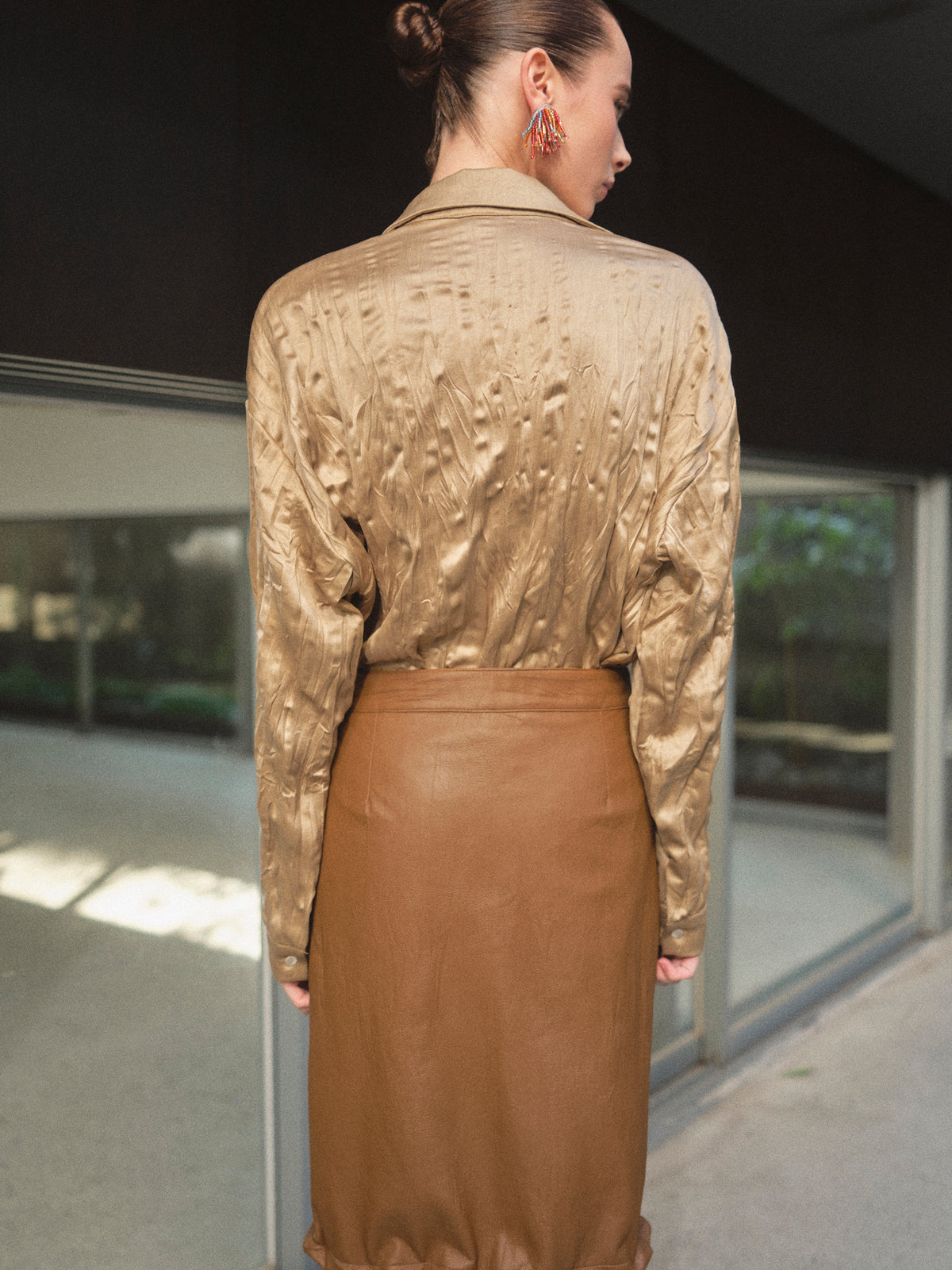 Raina Crinkled Satin Shirt, Beige