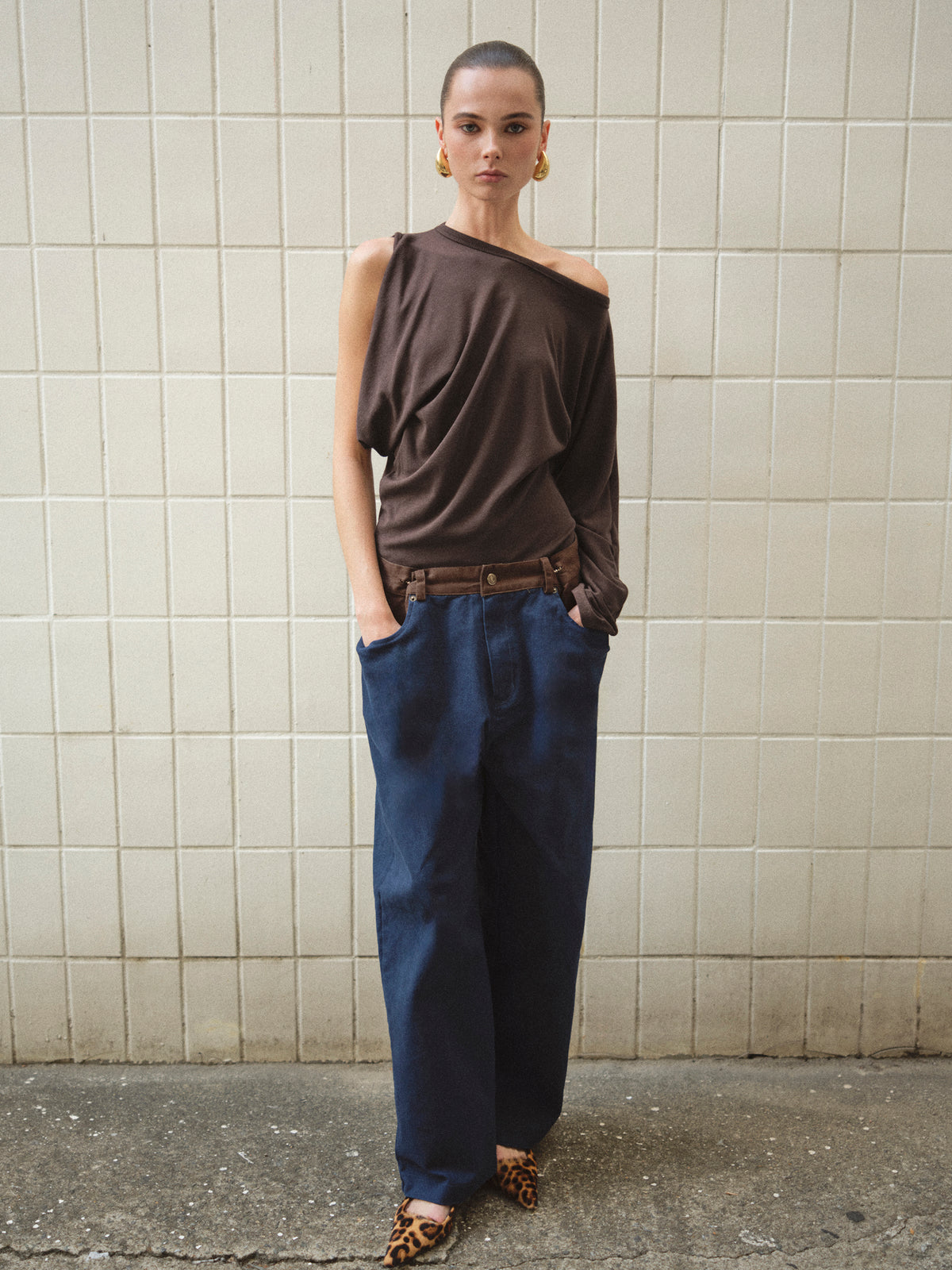 Jolie One-Sleeve Draped Top, Brown