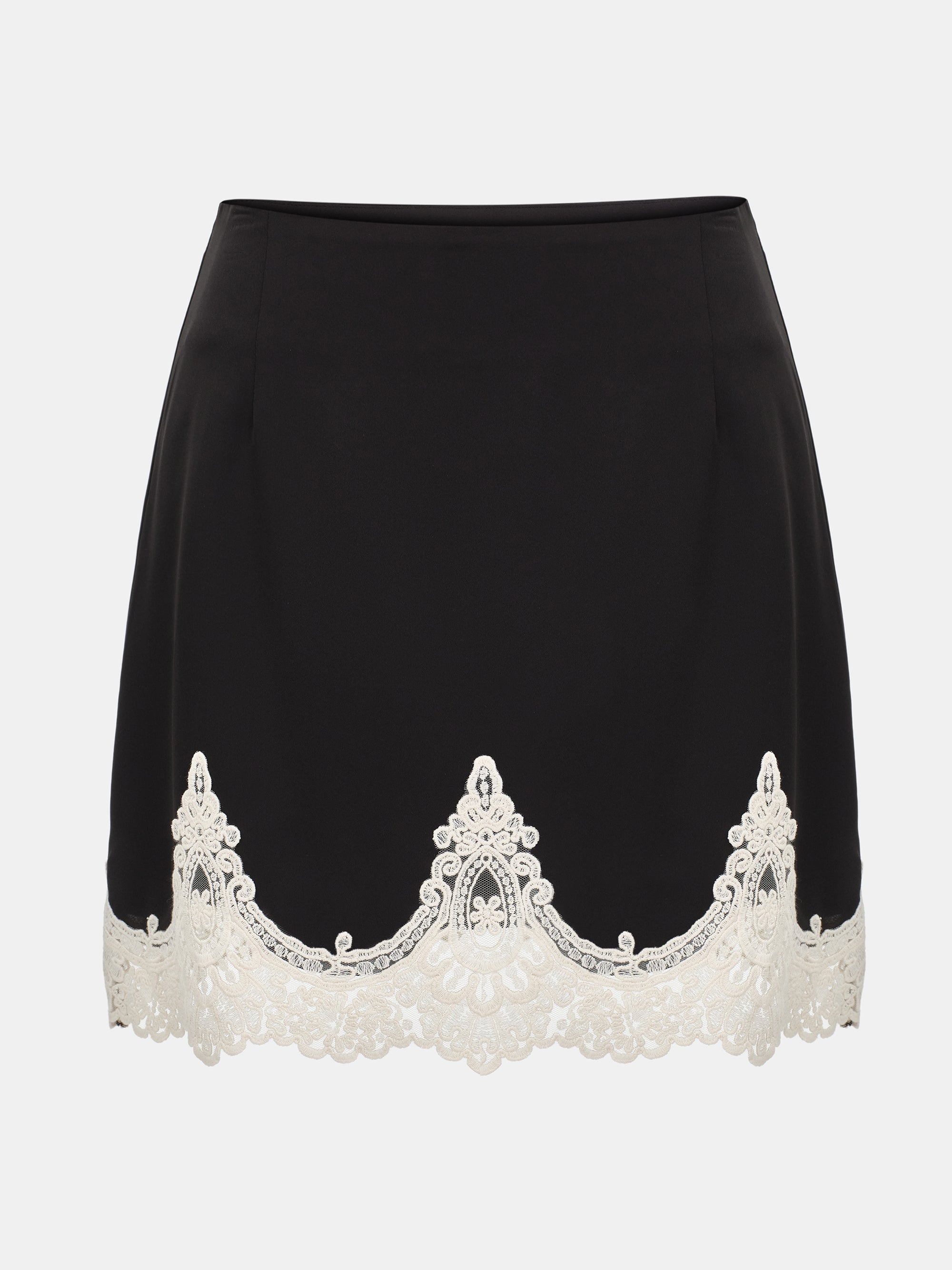 Celia Lace-Trimmed Satin Skirt, Black