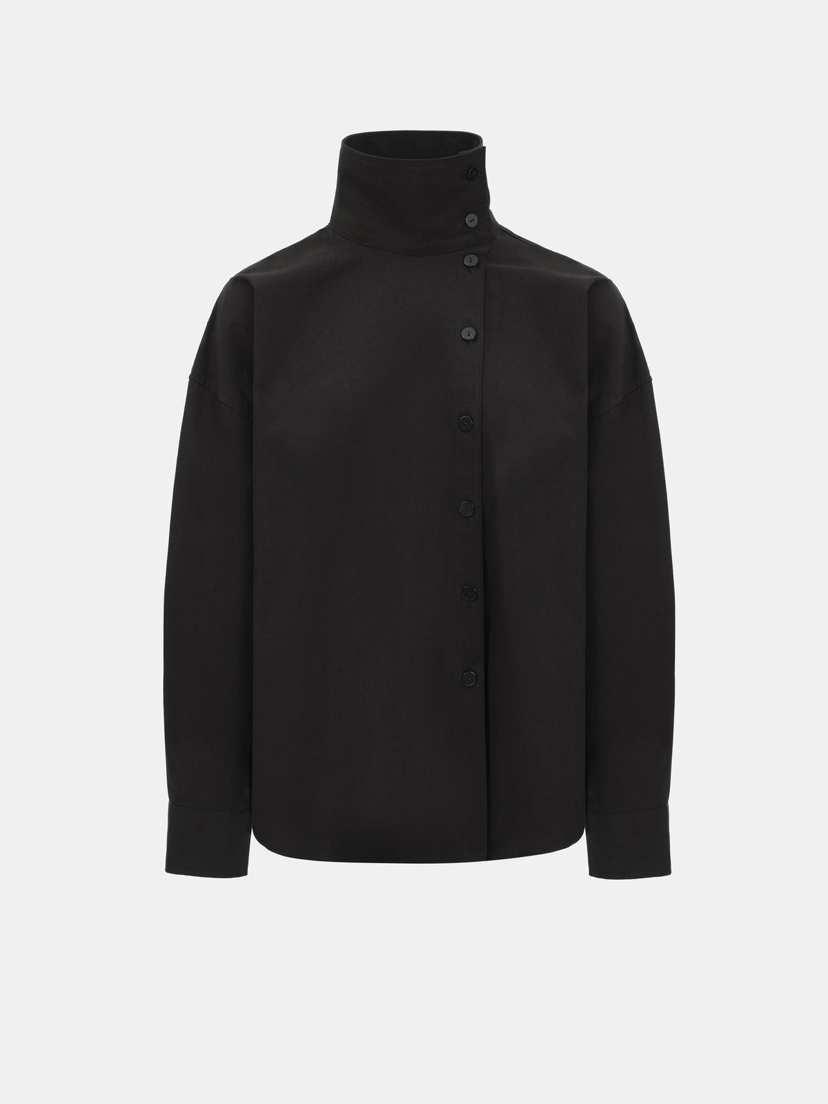 Scala Offset Button Funnel-Neck Shirt, Black