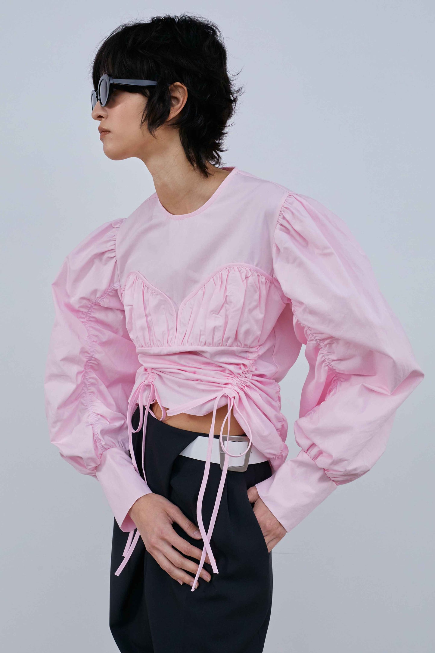 Gathered Waist Blouse With Puffy Sleeves, Pink