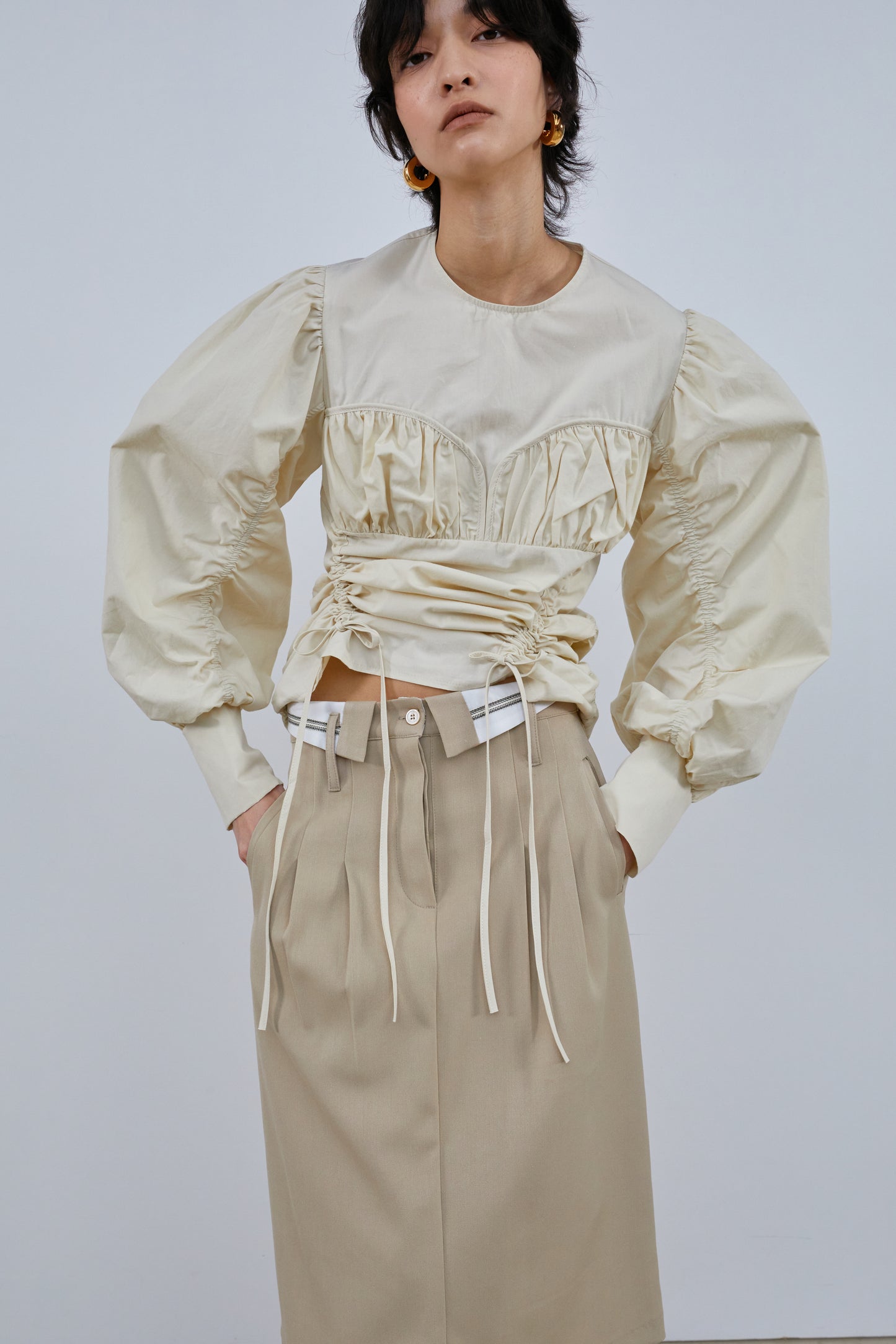 Gathered Waist Blouse With Puffy Sleeves, Light Beige