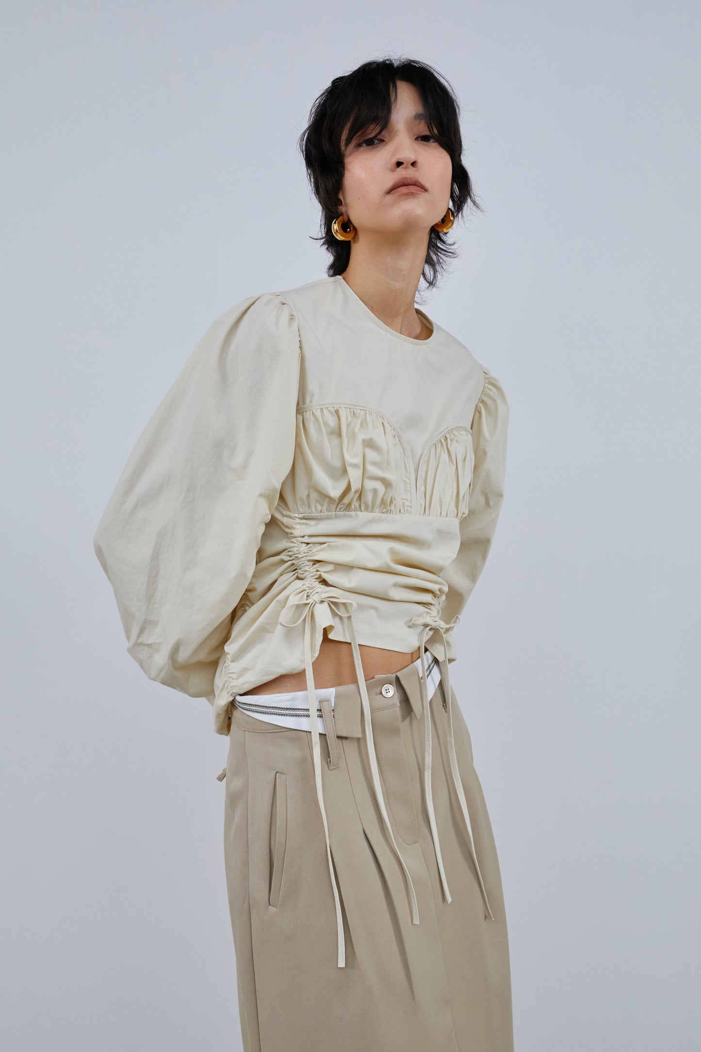 Gathered Waist Blouse With Puffy Sleeves, Light Beige