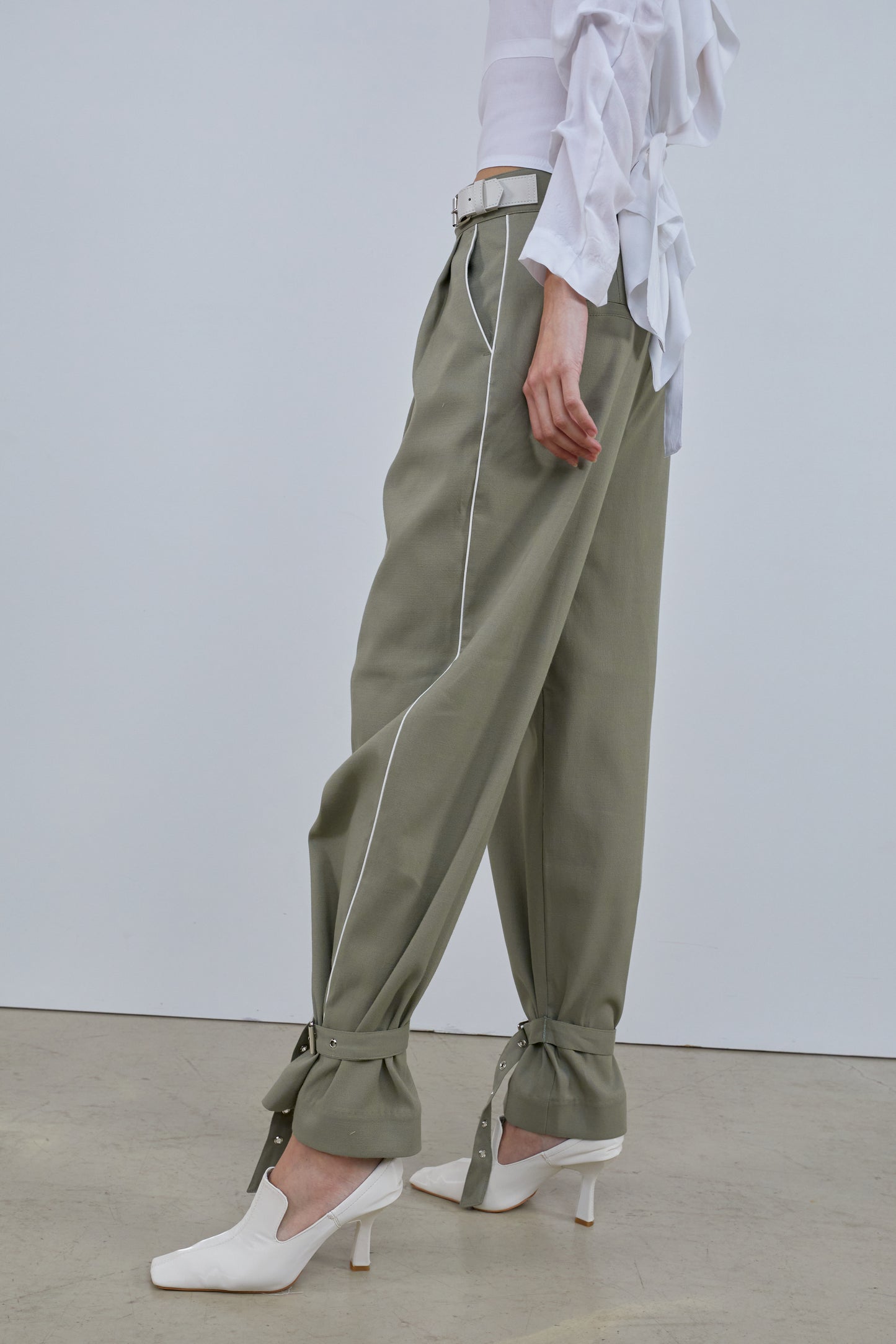 Belted Trousers With Belt Tab Cuff, Olive