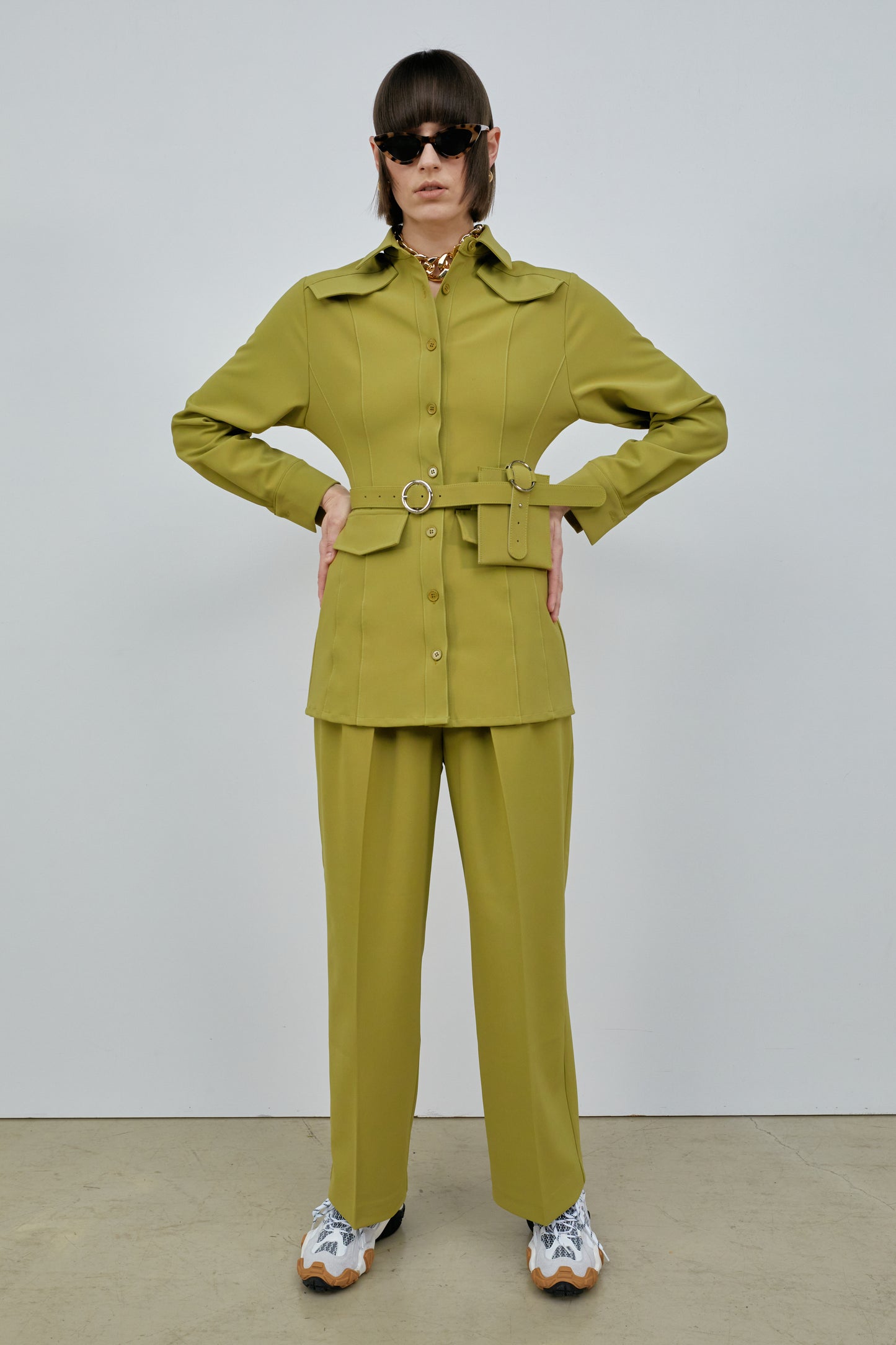 Button Front Belted Cargo Shirt, Olive Green