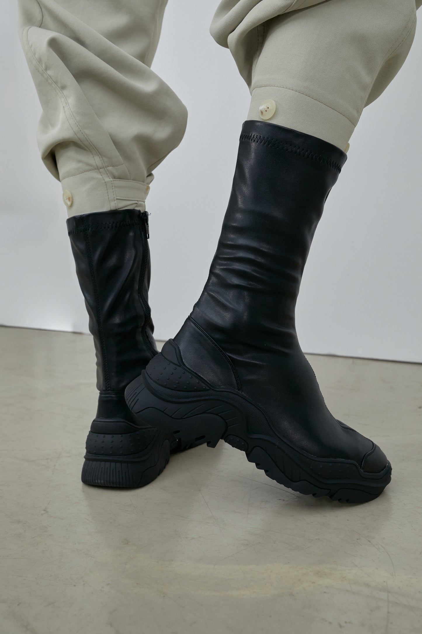 Lug Sole Leather Sock Sneakers, Black