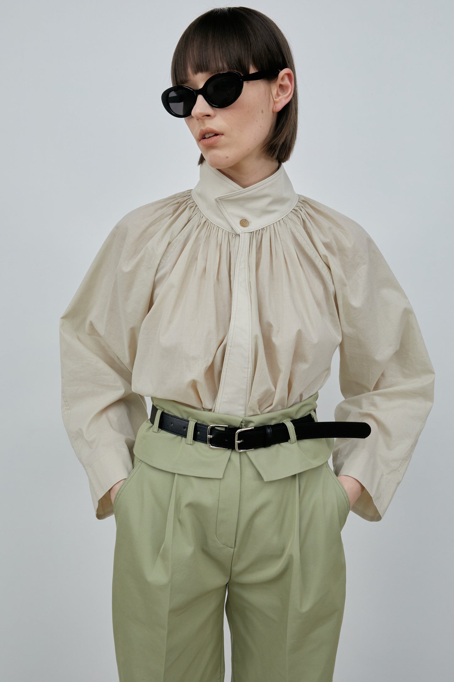 Gathered Neck Pleated Blouse, Beige