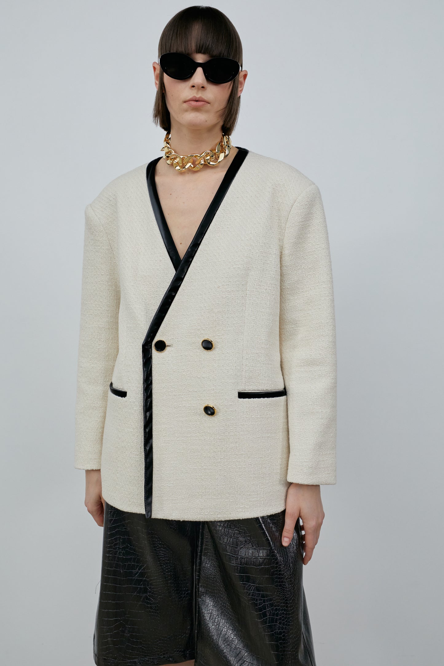 Oversized Tweed Jacket With Leather Trim, Ivory