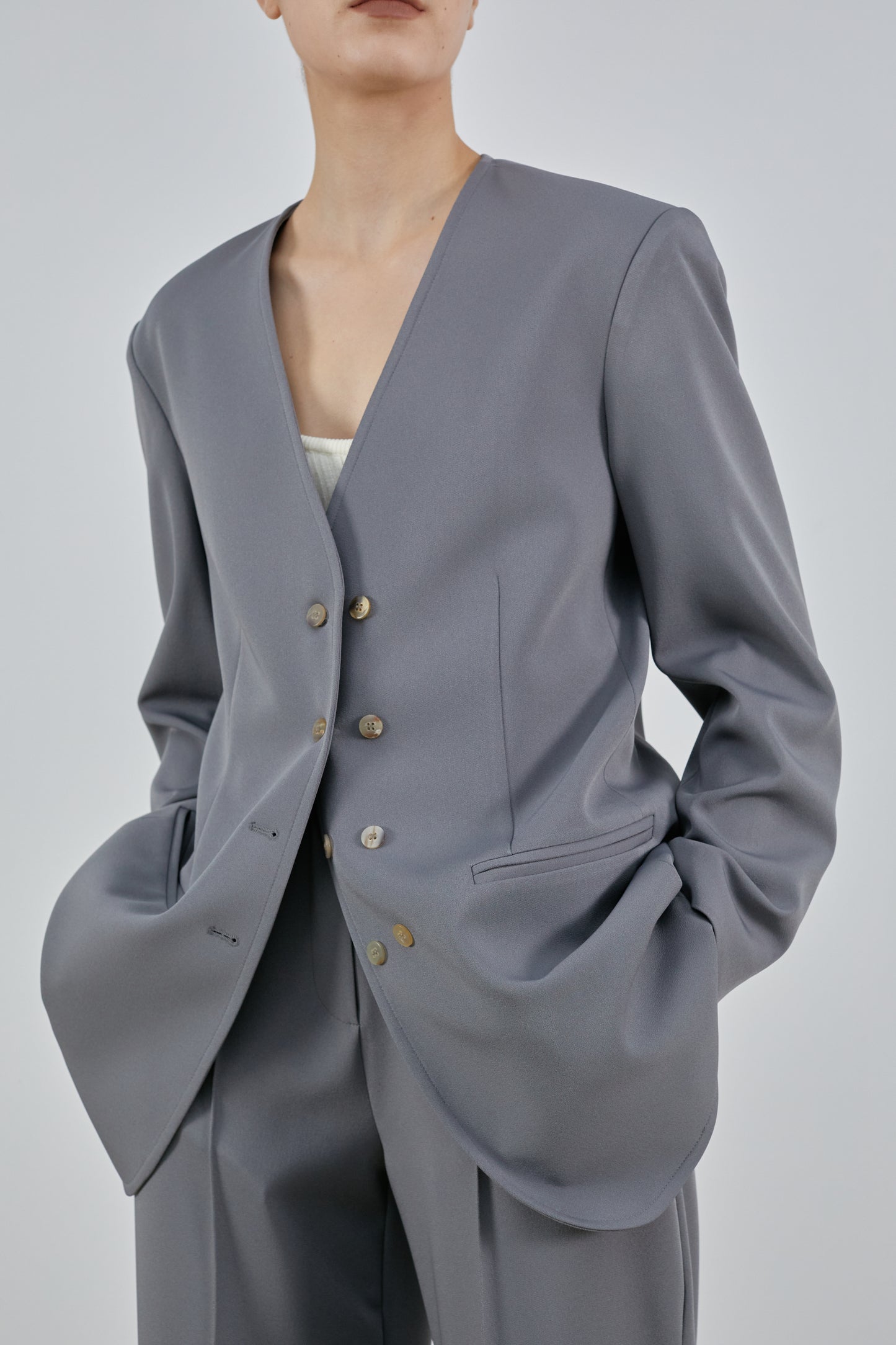 Collarless Double Button Blazer, Charcoal