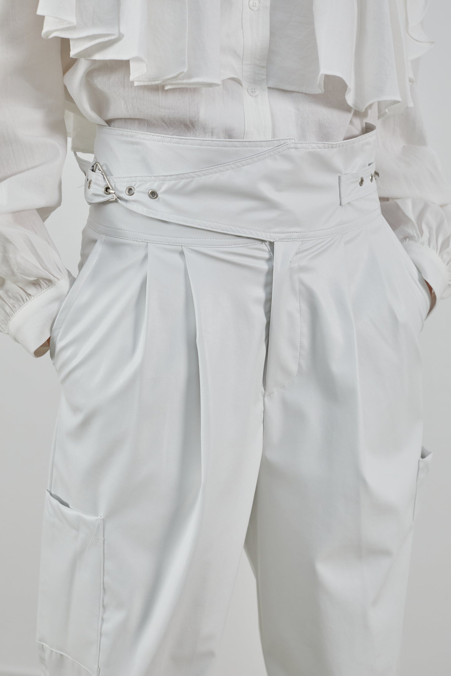 Belted Leather Utility Pants, White