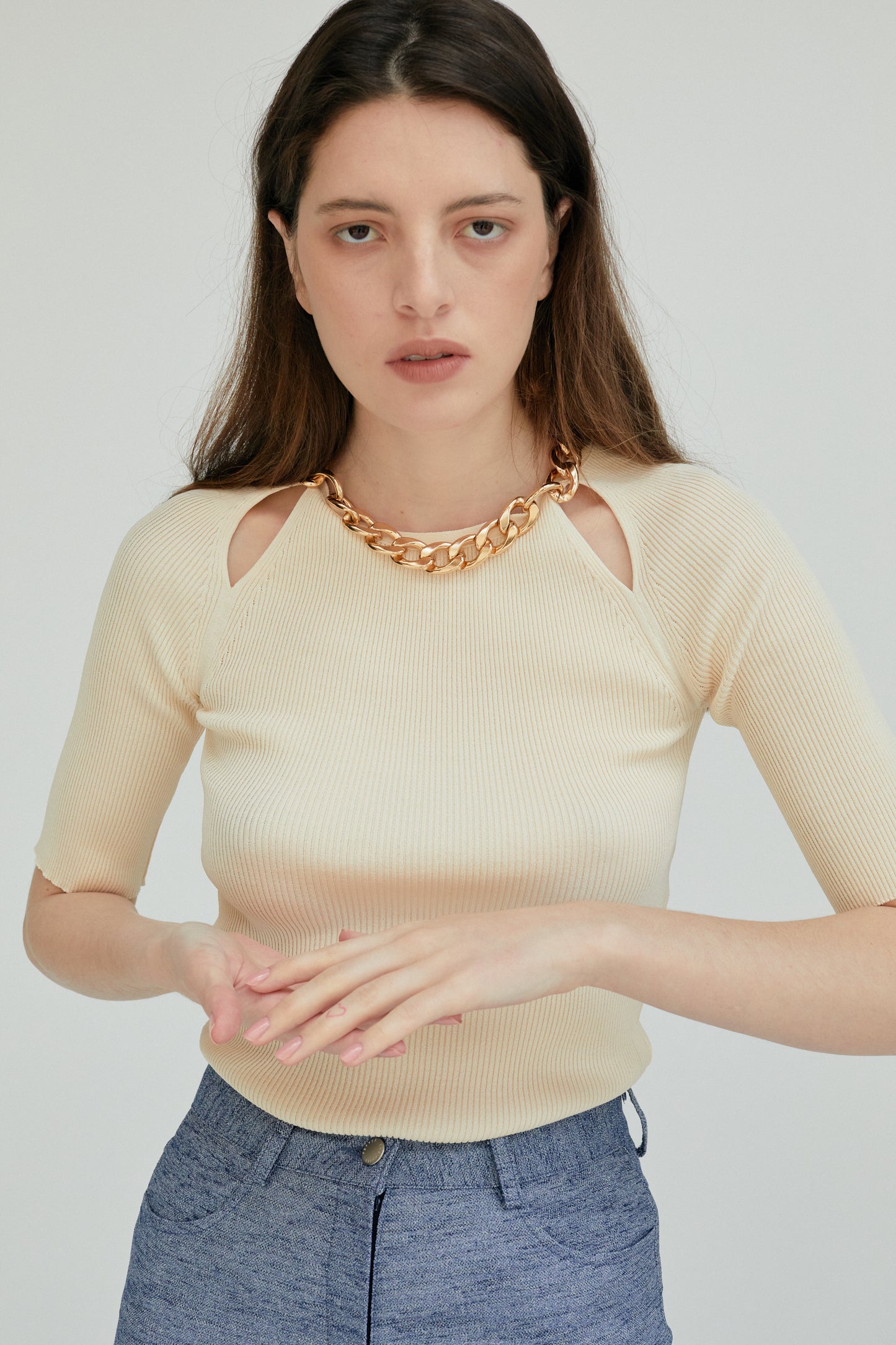 Ribbed Knit With Chain Necklace, Ivory