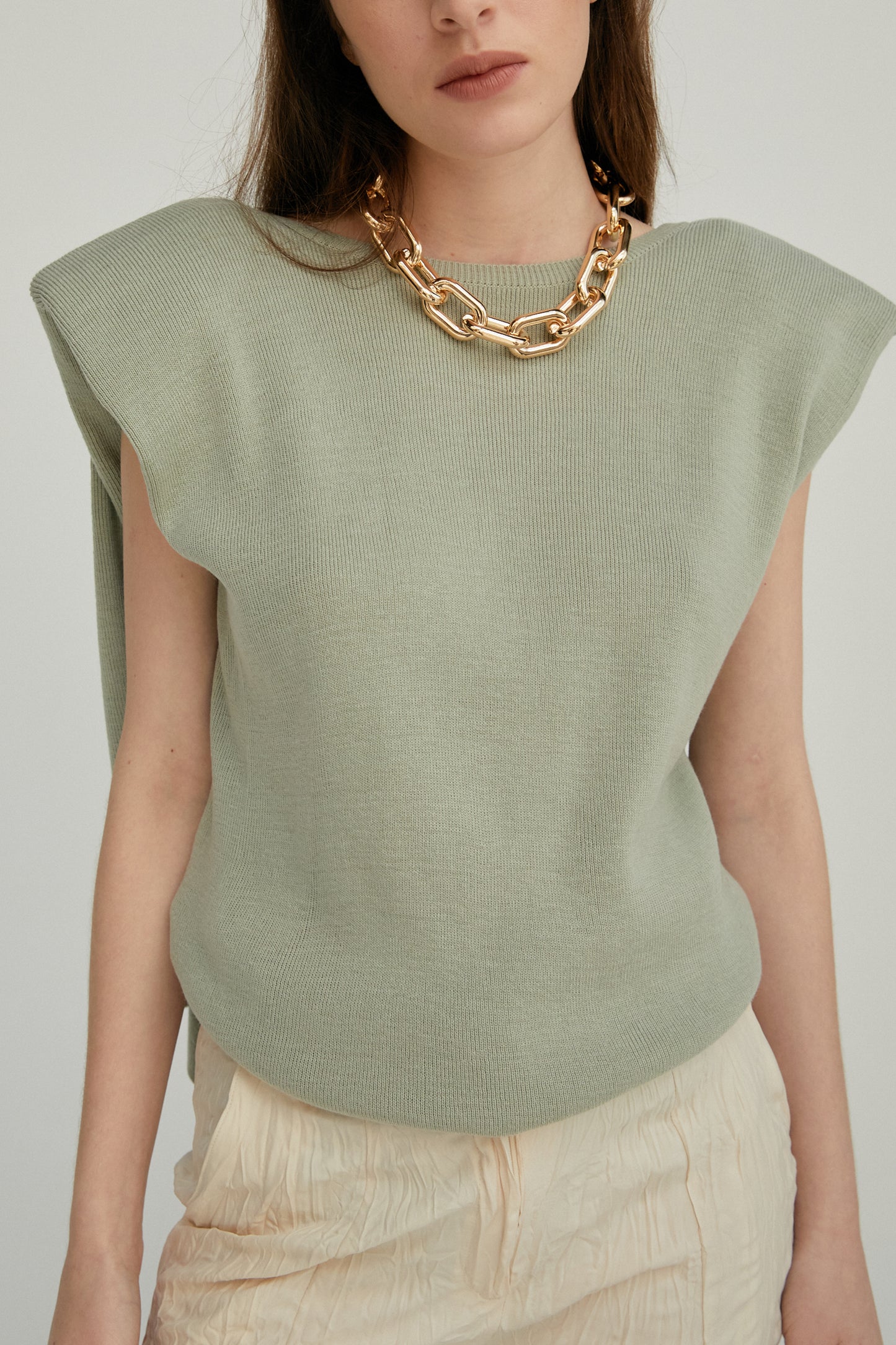 Padded Shoulder Backless Knit, Khaki Green