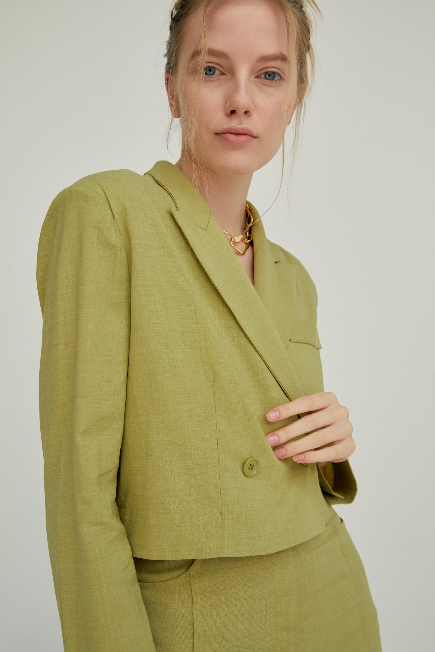 Two Button Cropped Blazer, Olive Green