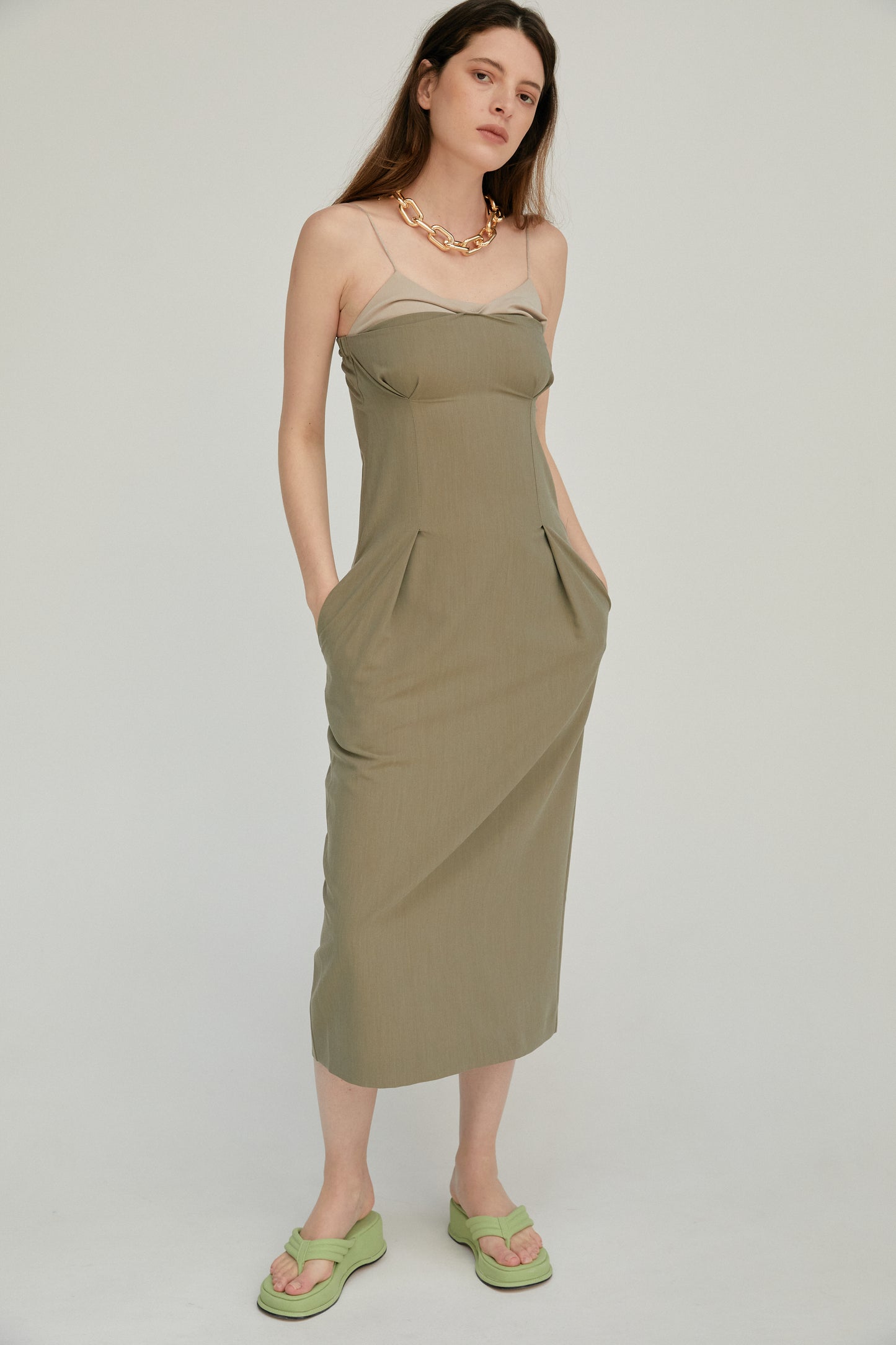 Twist Bustier Dress, Khaki Green