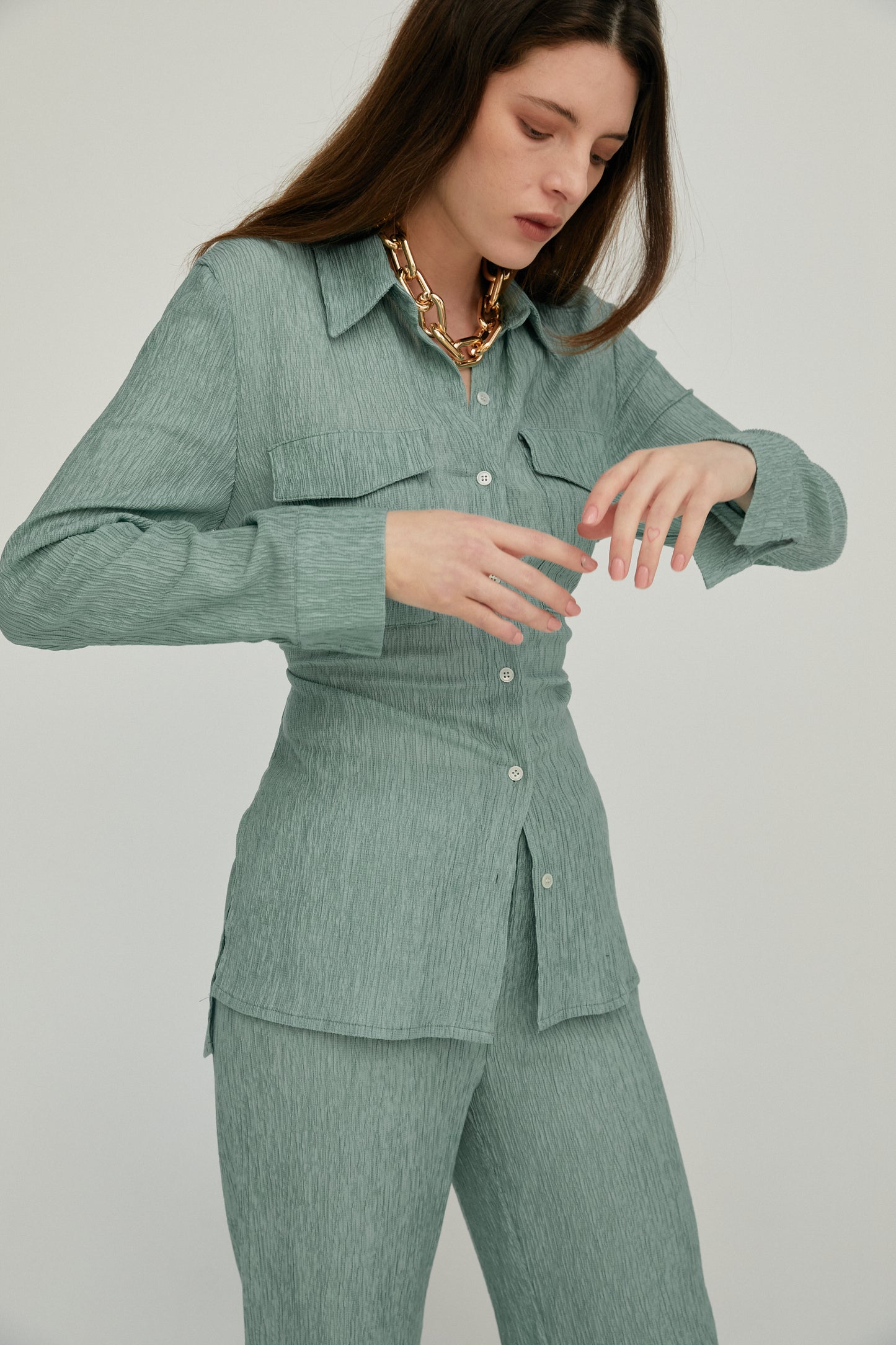 Button Down Pleated Shirt, Sage Green
