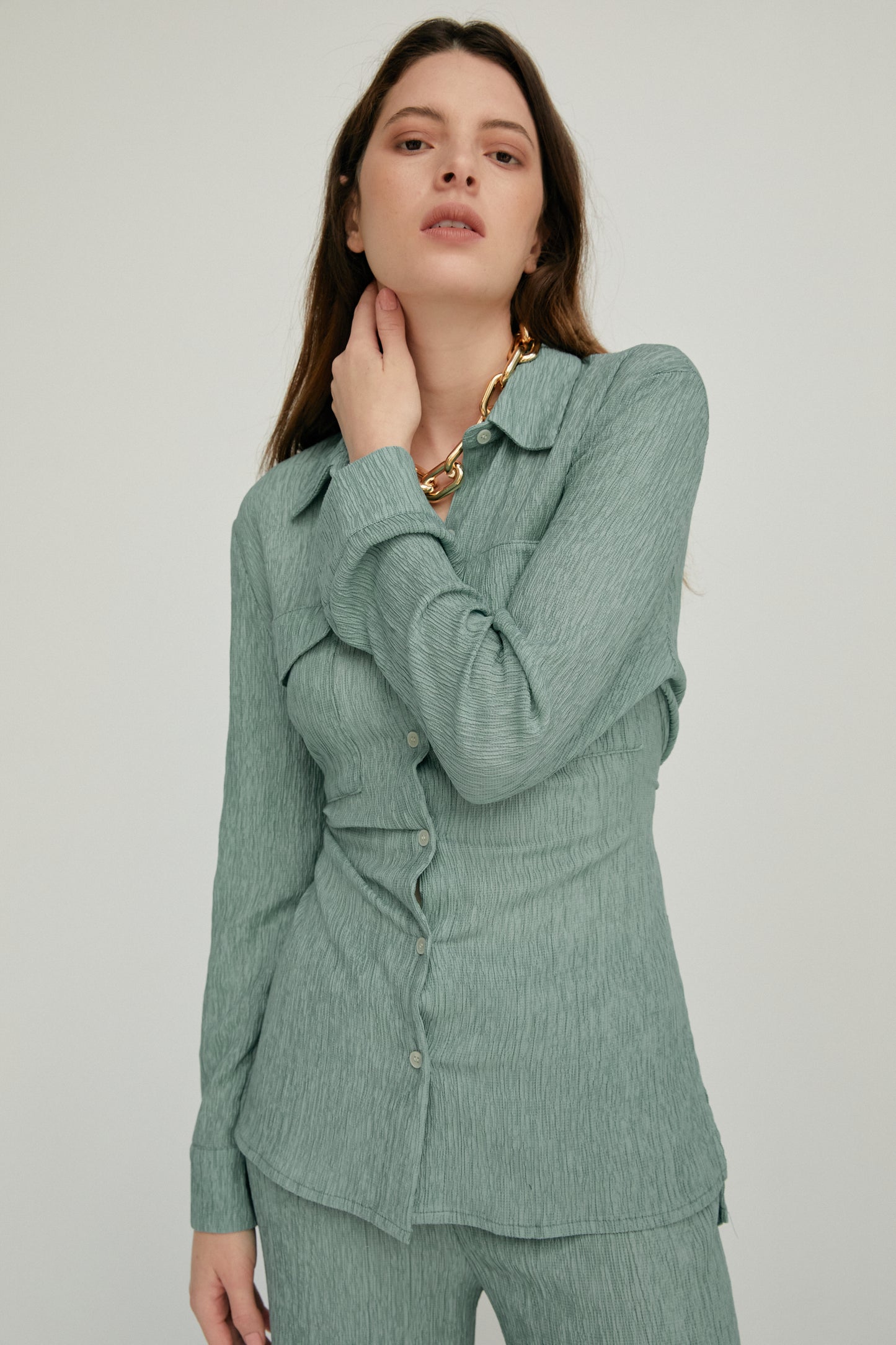 Button Down Pleated Shirt, Sage Green
