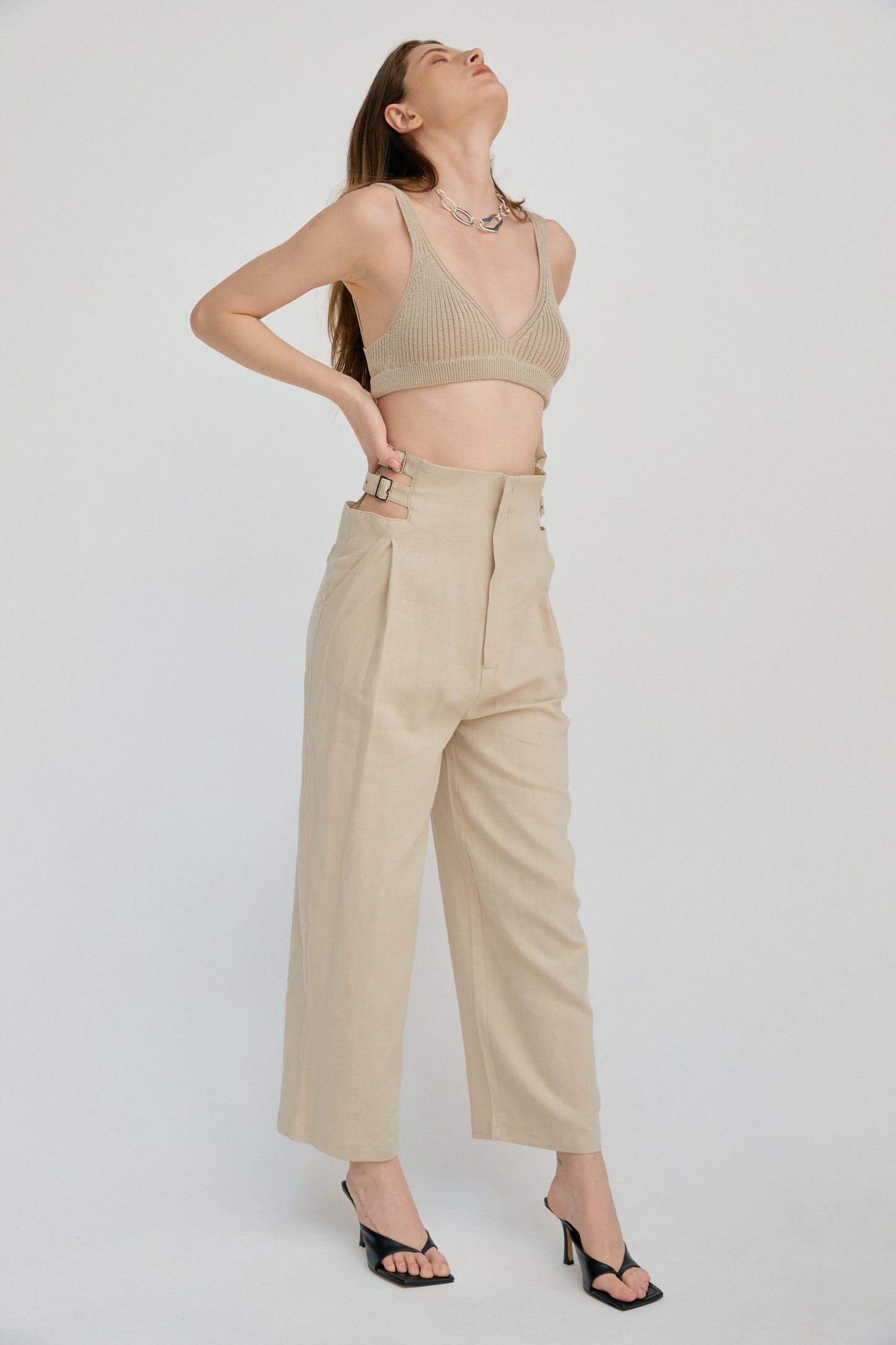 Cut Out High Rise Belted Trousers, Light Beige