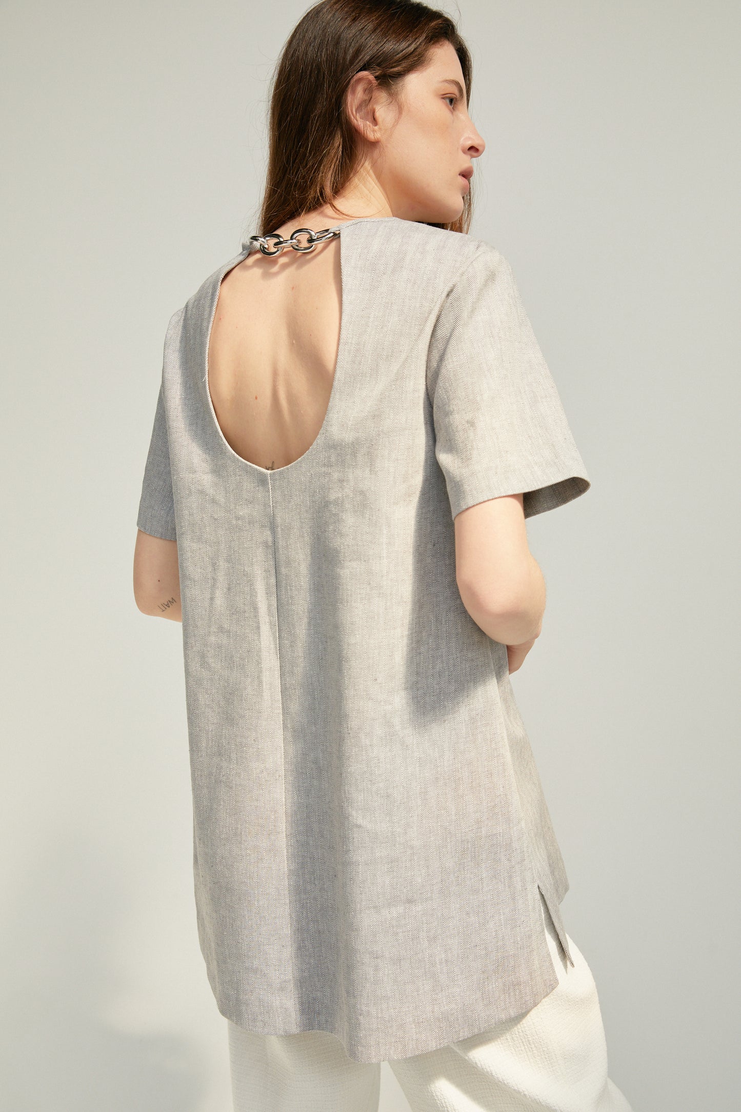 Chain-Embellished Open Back Top, Grey