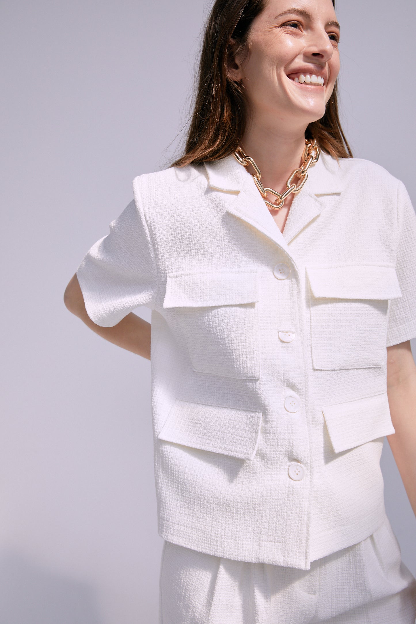 Buttons Tweed Short Sleeved Jacket, White