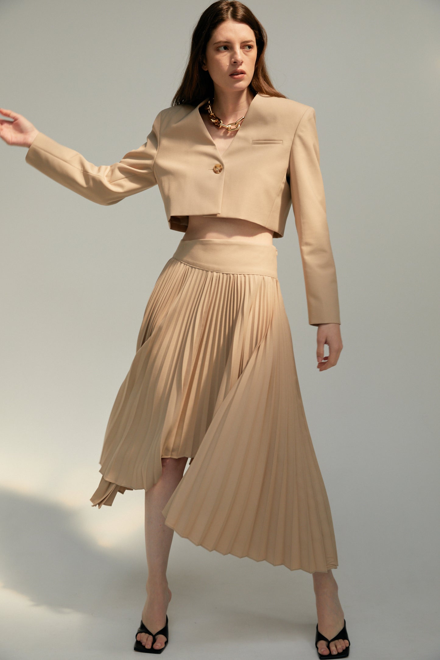 Asymmetric Pleated Skirt, Camel Brown
