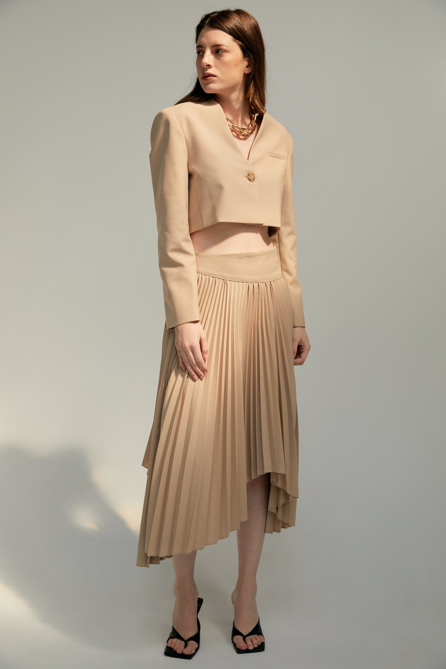 Asymmetric Pleated Skirt, Camel Brown