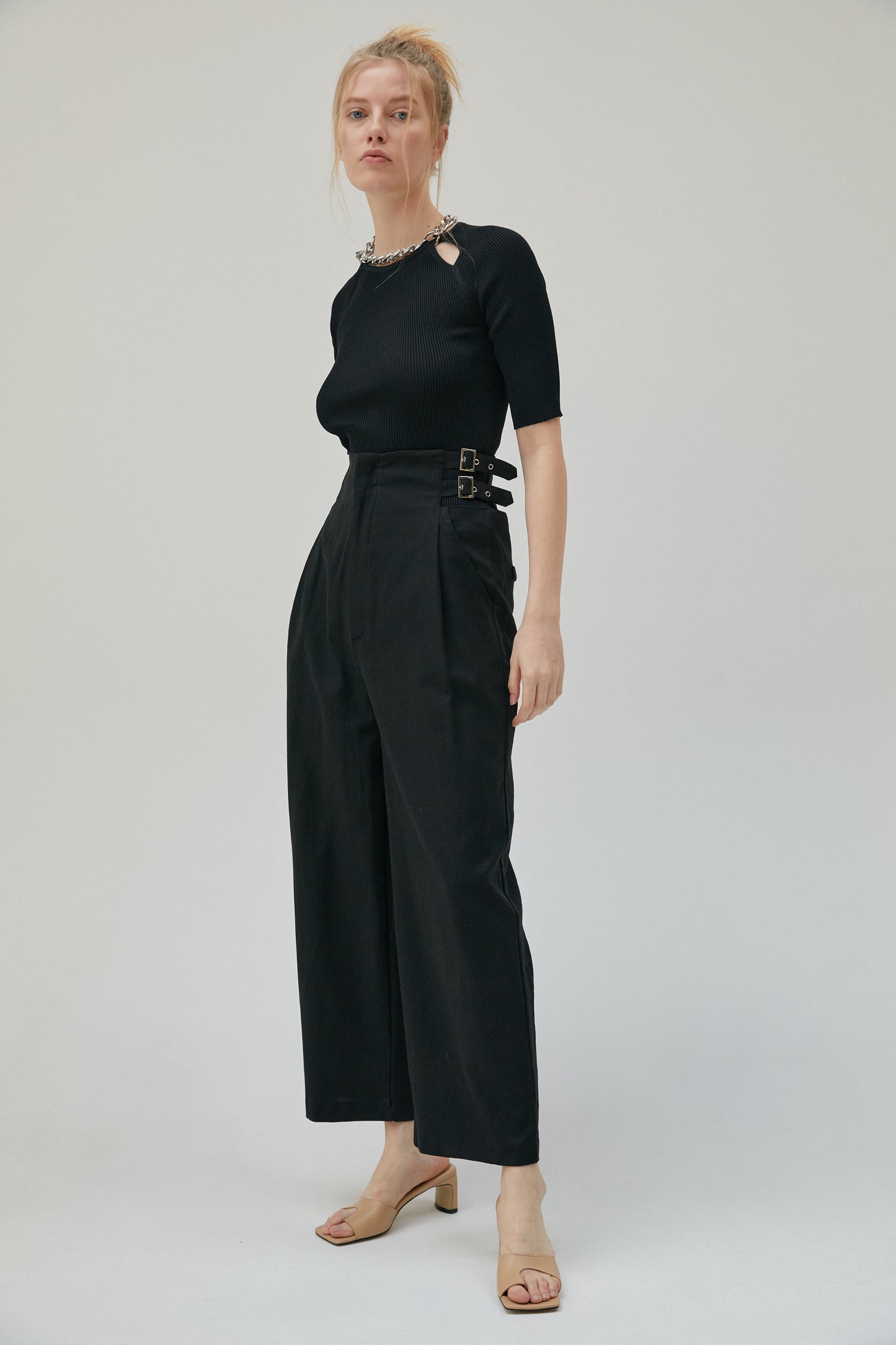Cut Out High Rise Belted Trousers, Black
