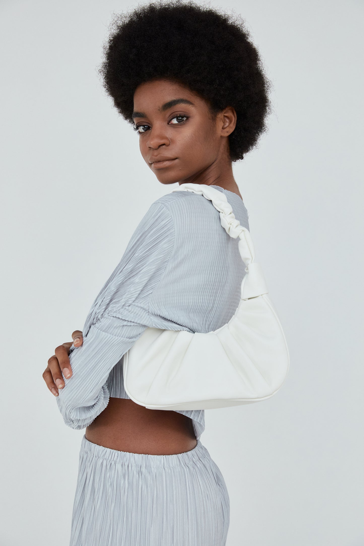 Ruched Mini Shoulder Bag, White
