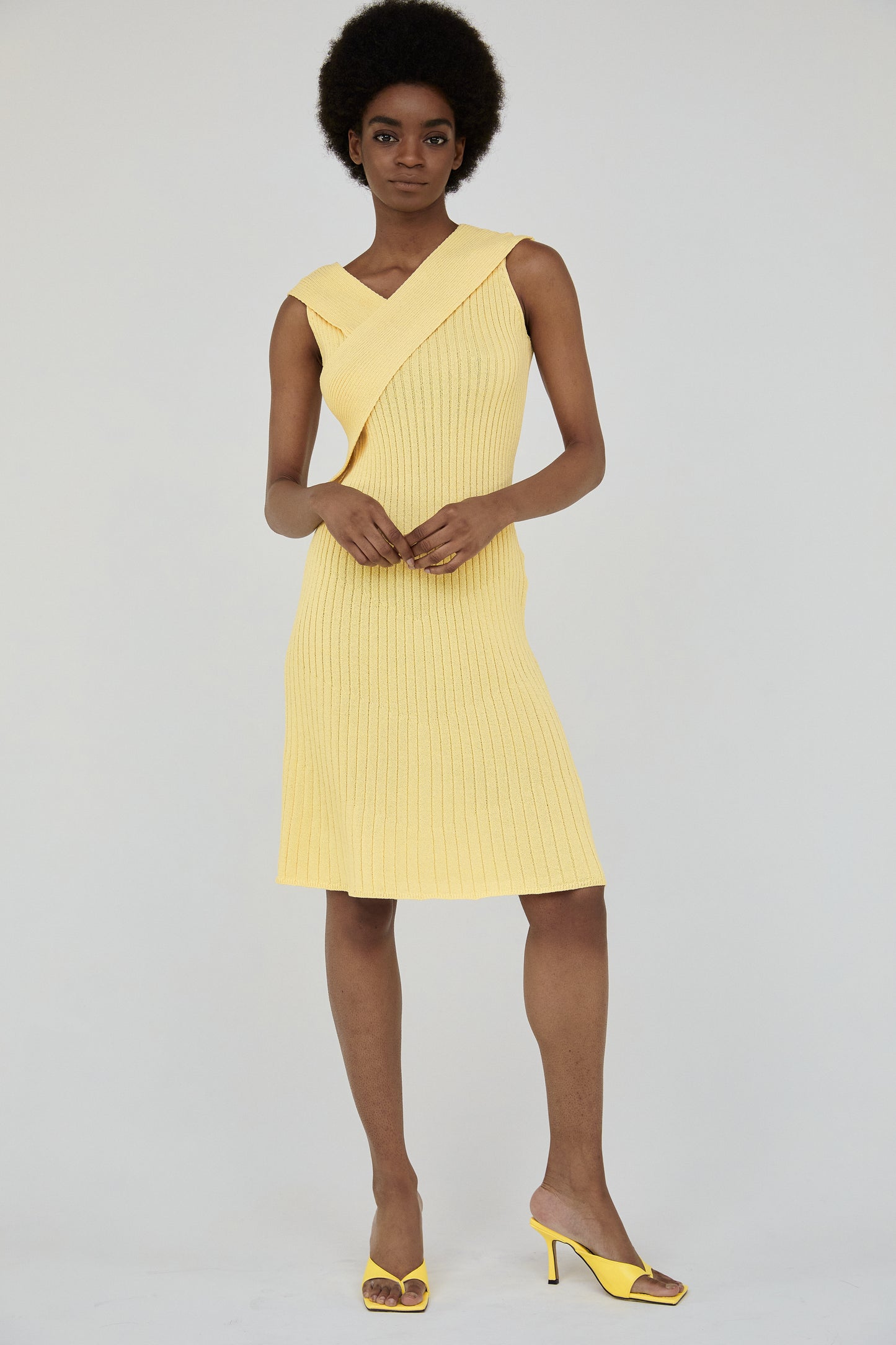 Front Wrap Ribbed Knit Dress, Lemon Yellow