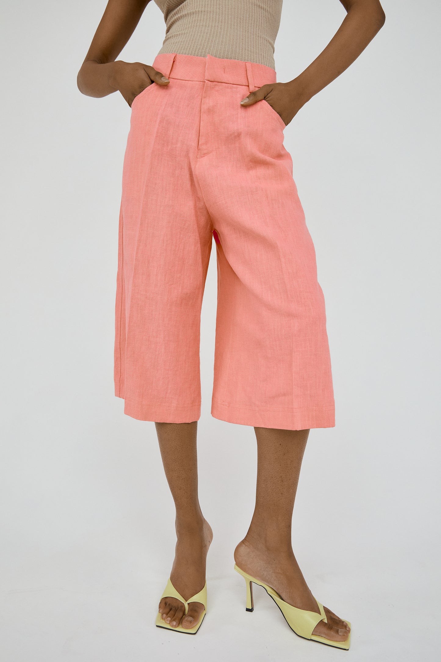 Linen Long Bermuda Shorts, Blush