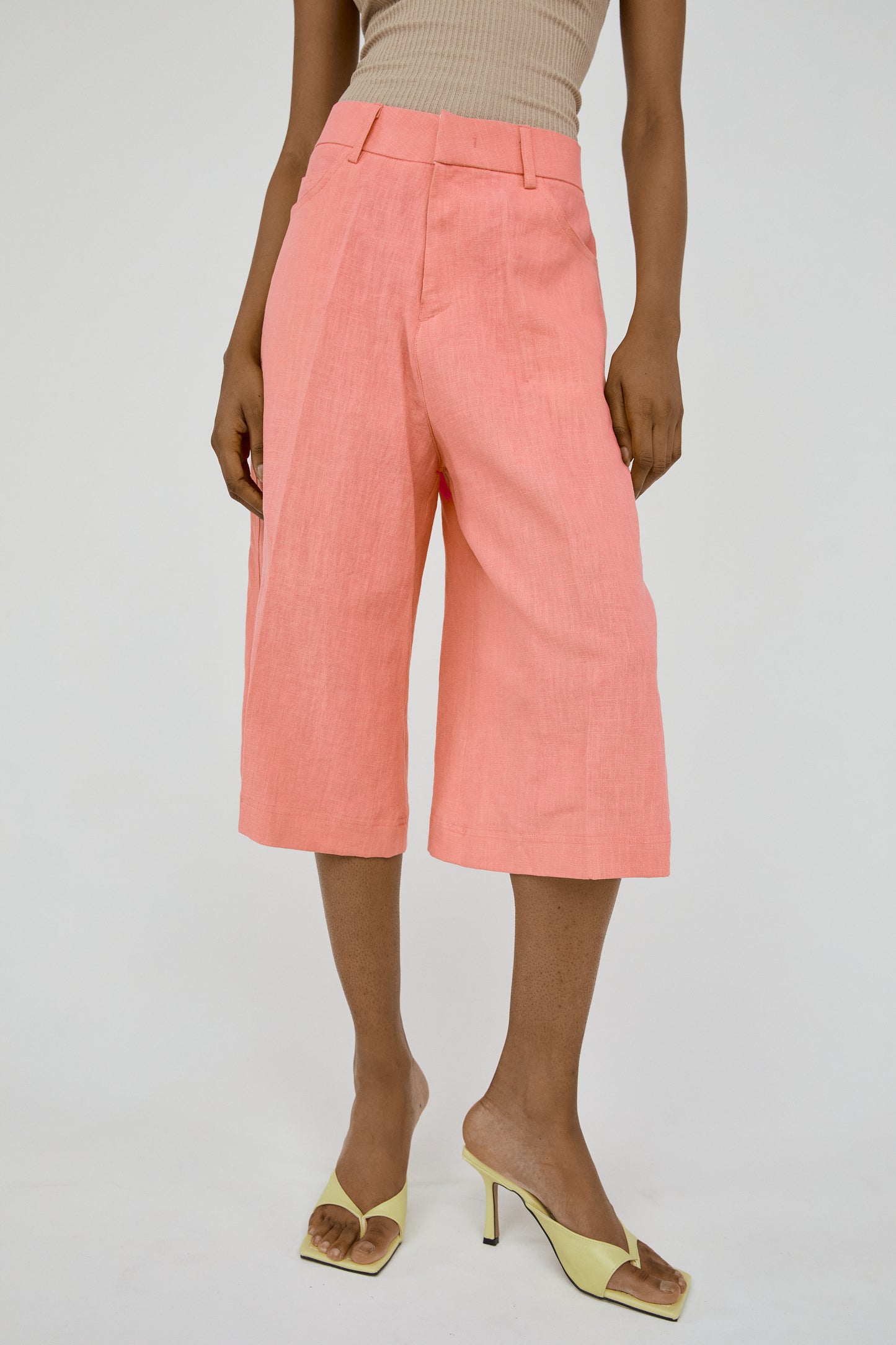Linen Long Bermuda Shorts, Blush