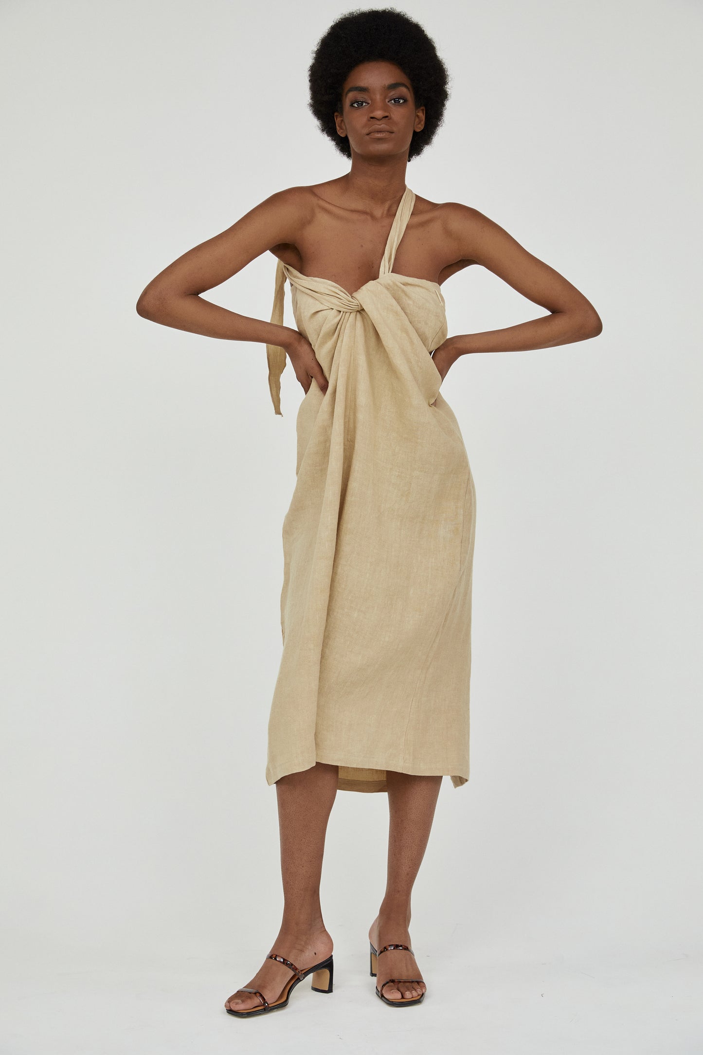 One Shoulder Twisted Front Linen Dress, Wheat