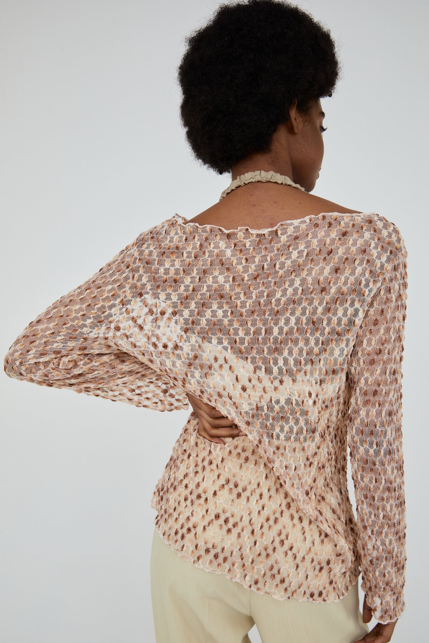 Two-Tone Mesh Combination Knit, Golden Brown