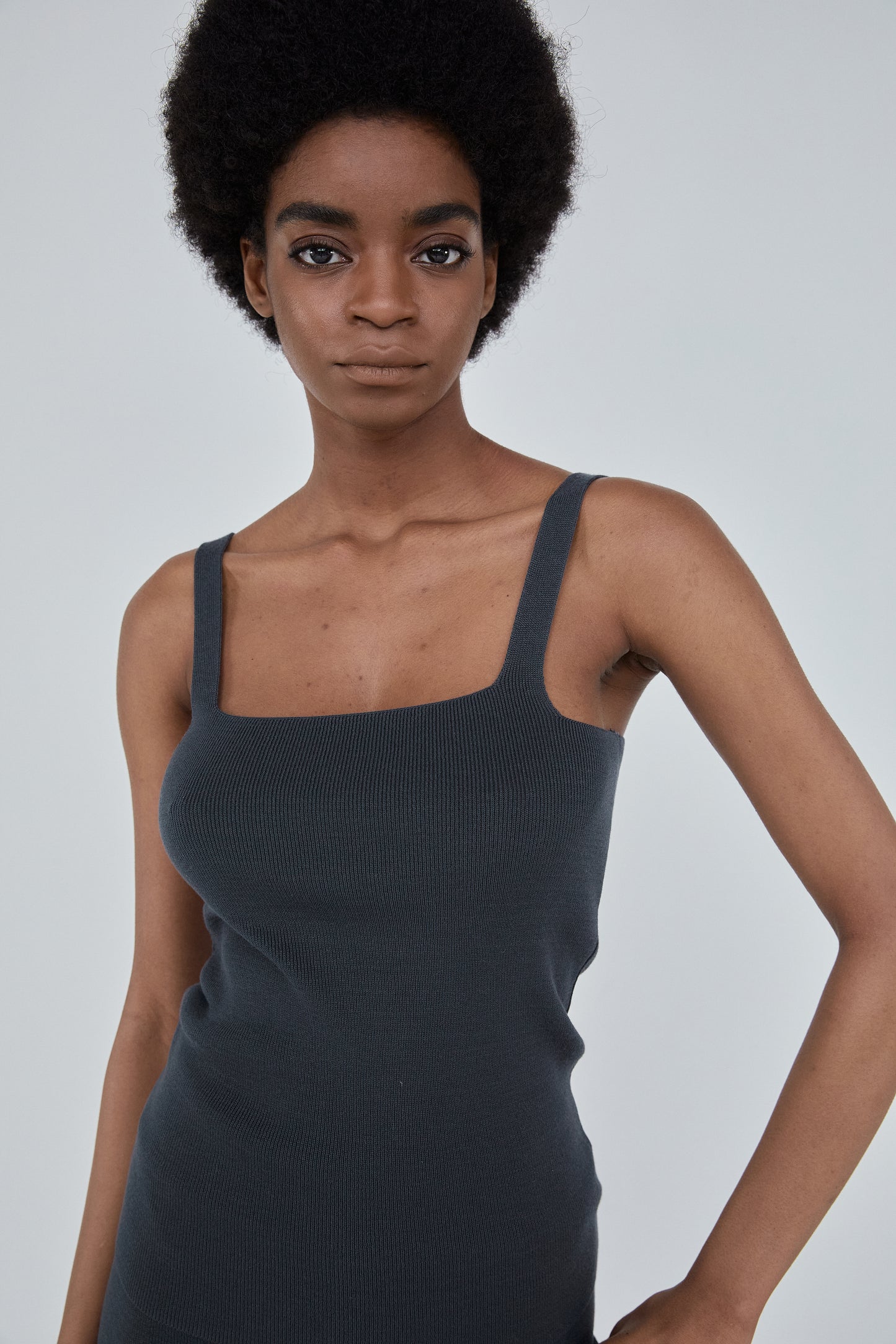 Square-Neckline Stretchy Knit Top, Charcoal