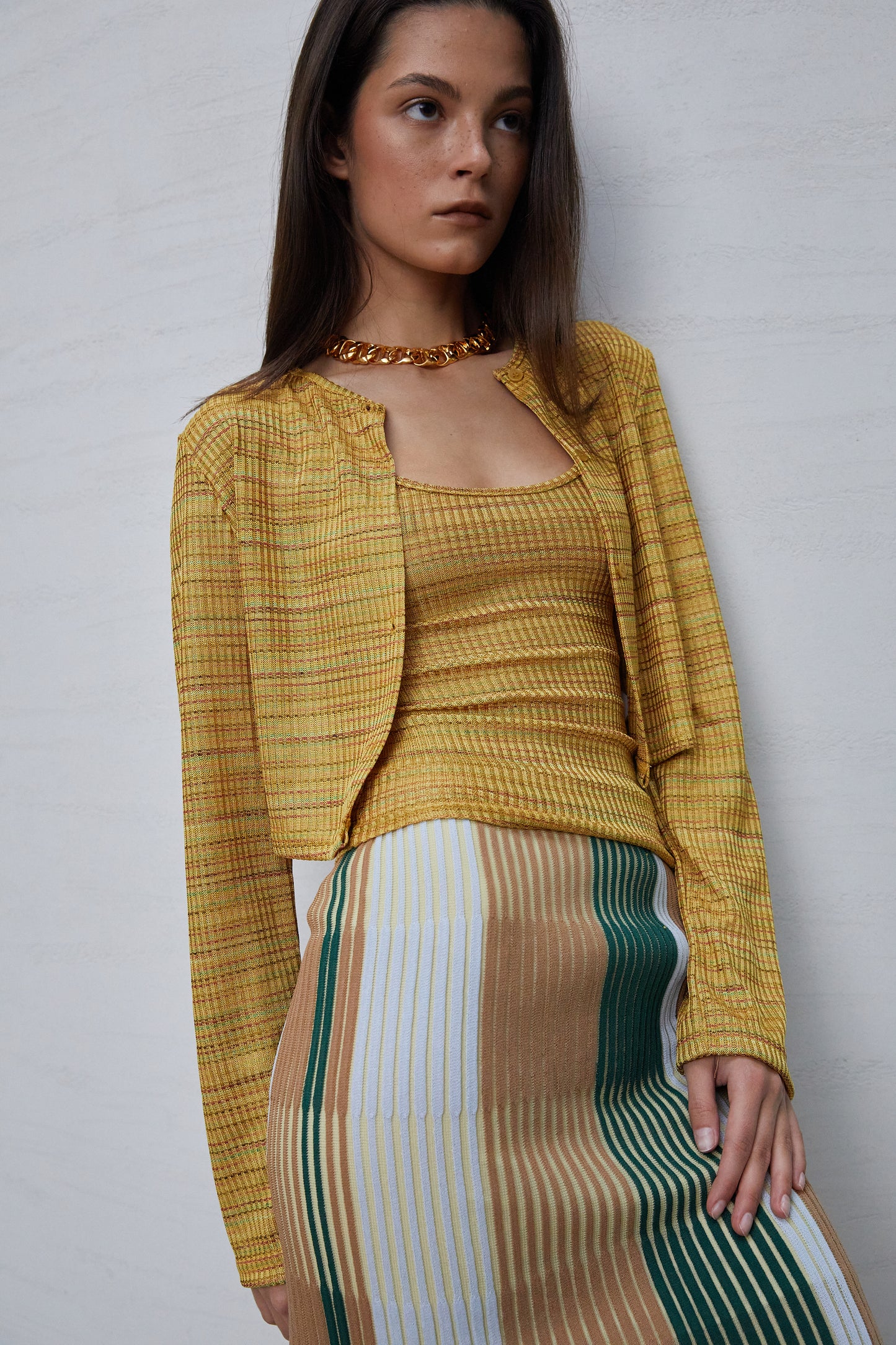 Multi-Color Cropped Knit Cardigan, Yellow