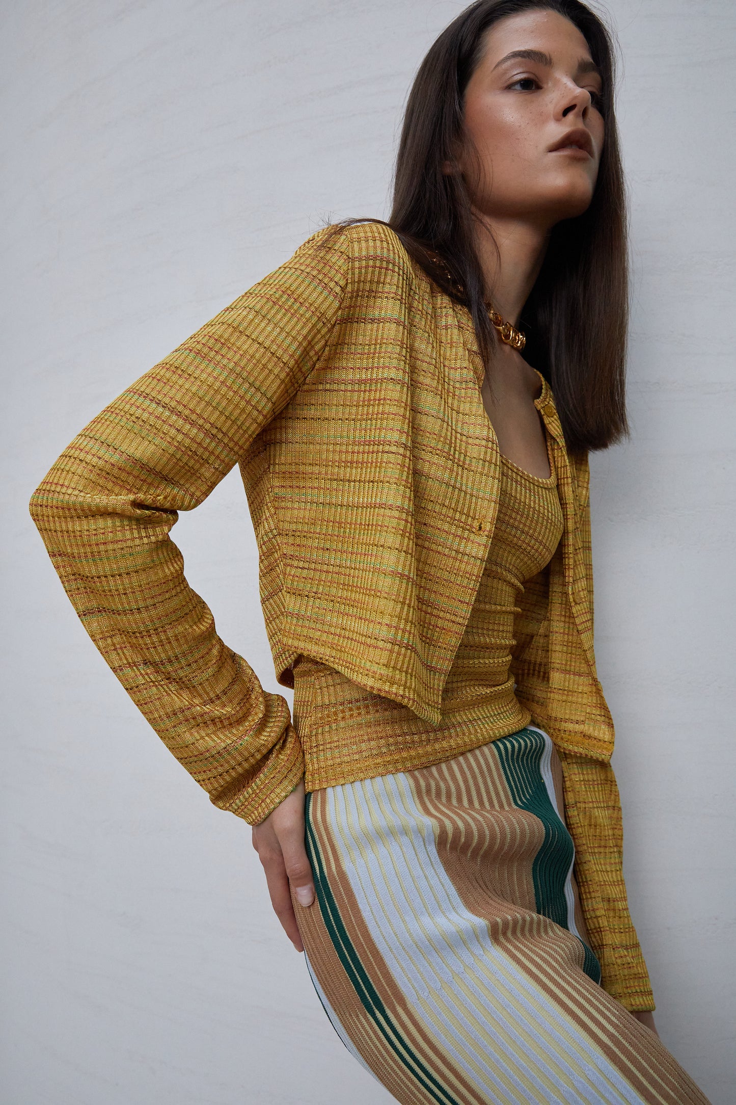 Multi-Color Cropped Knit Cardigan, Yellow