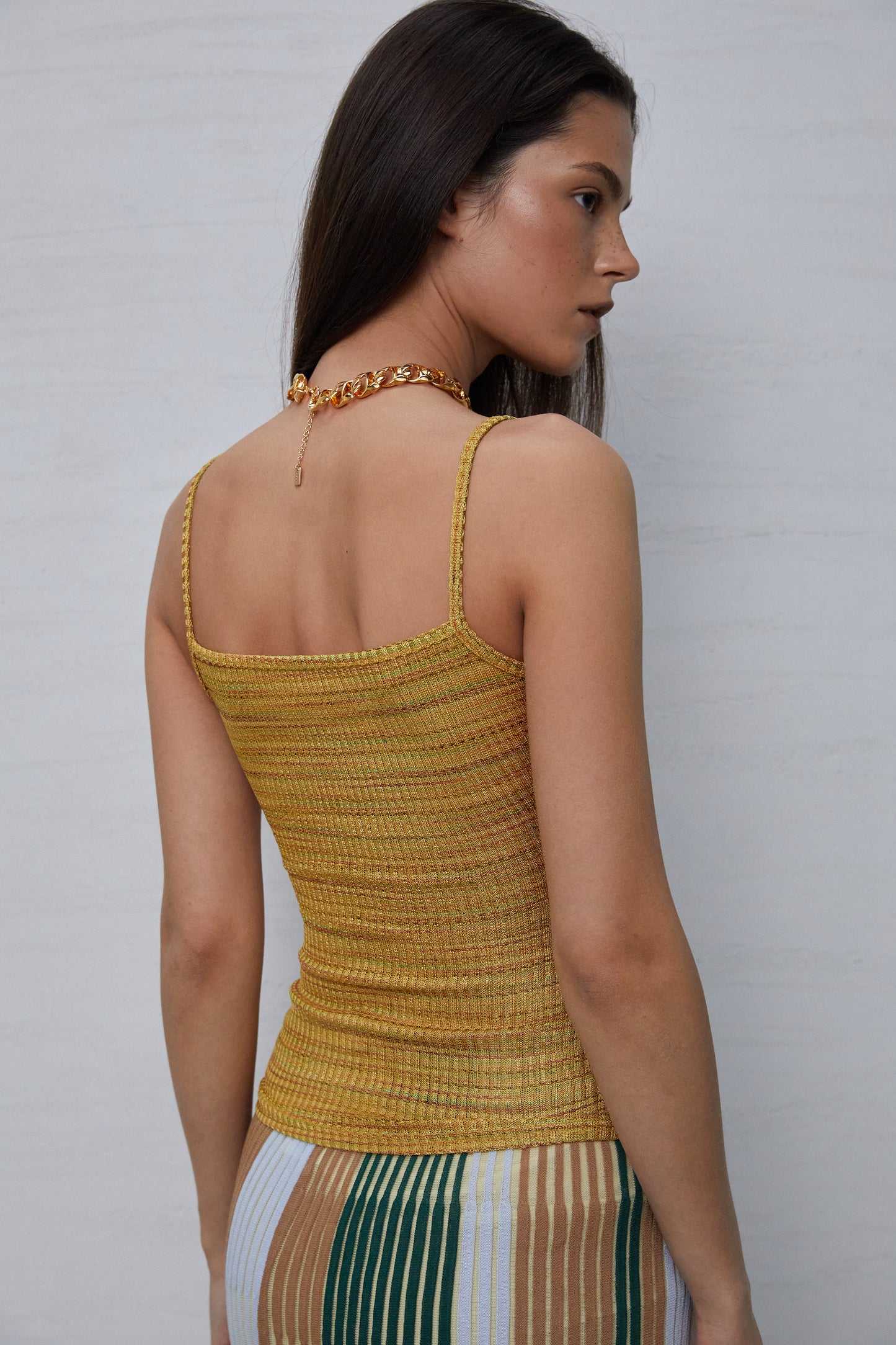 Multi-Color Knitted Thin Strap Tank Top, Yellow