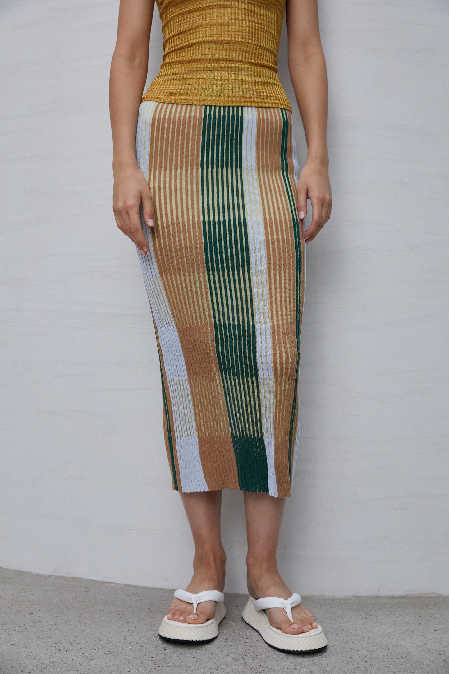 Knit Midi Tube Skirt, Green & Brown