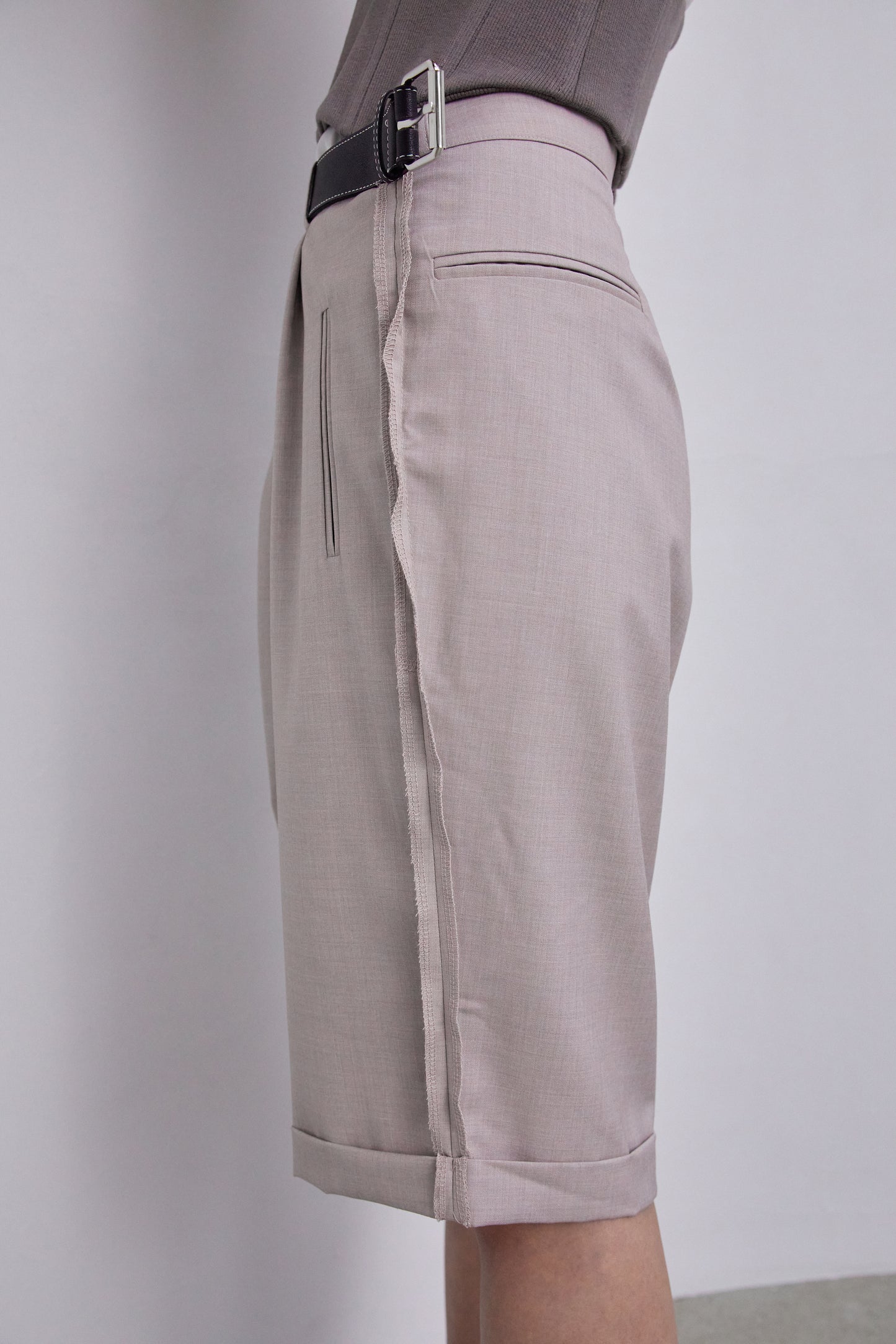 Belted Bermuda Shorts With Exposed Lining, Light Beige