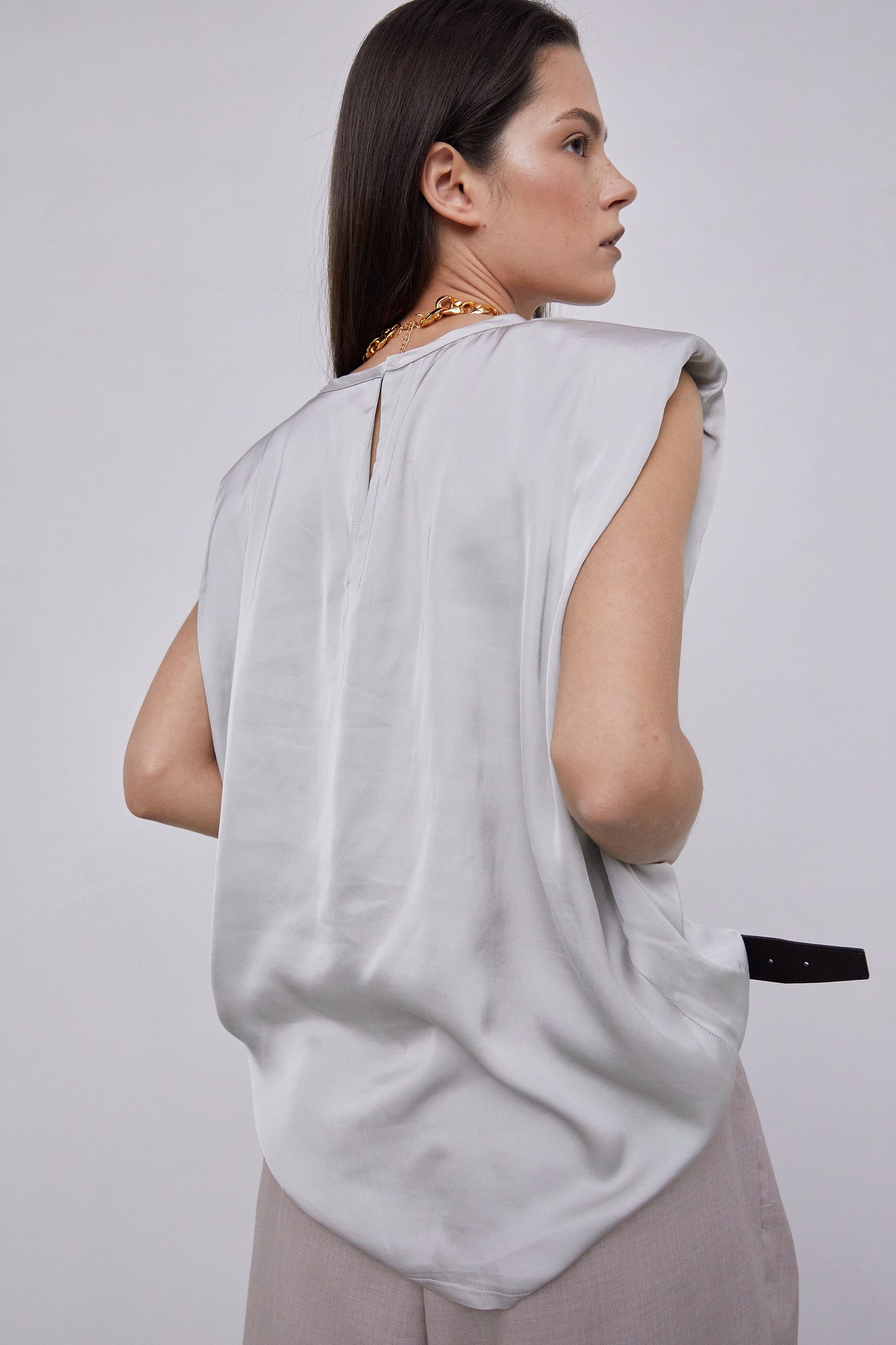 Padded Shoulder Satin Muscle Top, Silver Grey