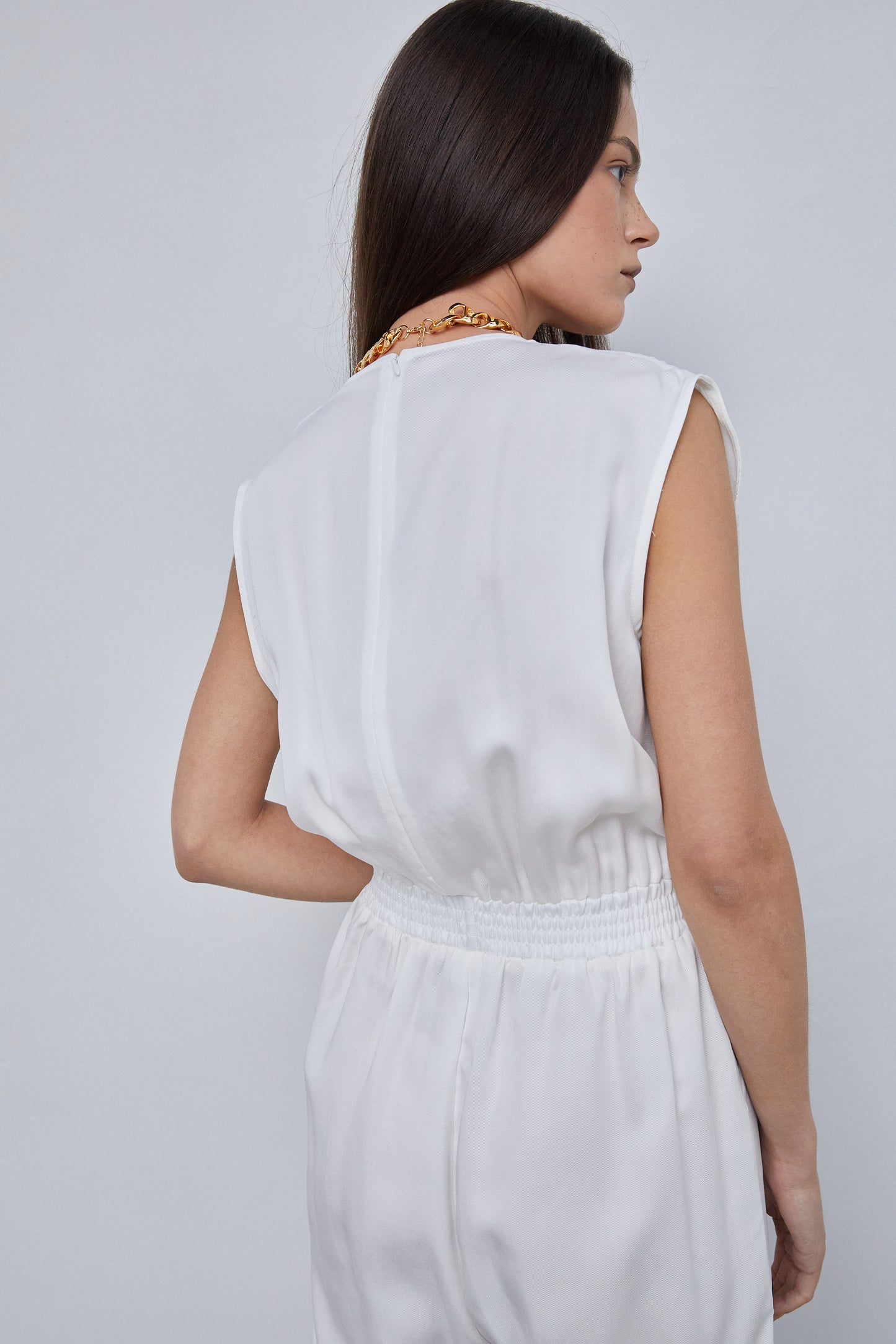 Folded Neckline Sleeveless Tencel Jumpsuit, White