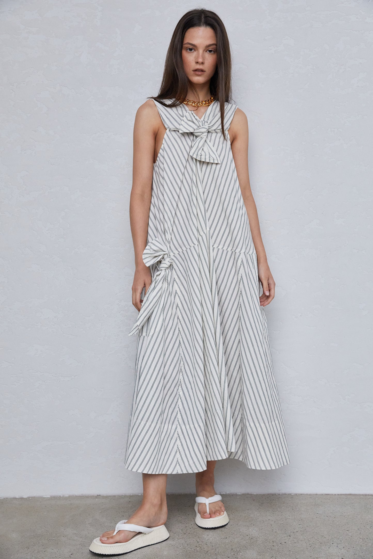 Pinstripe Sleeveless Ruffle Maxi Dress, White