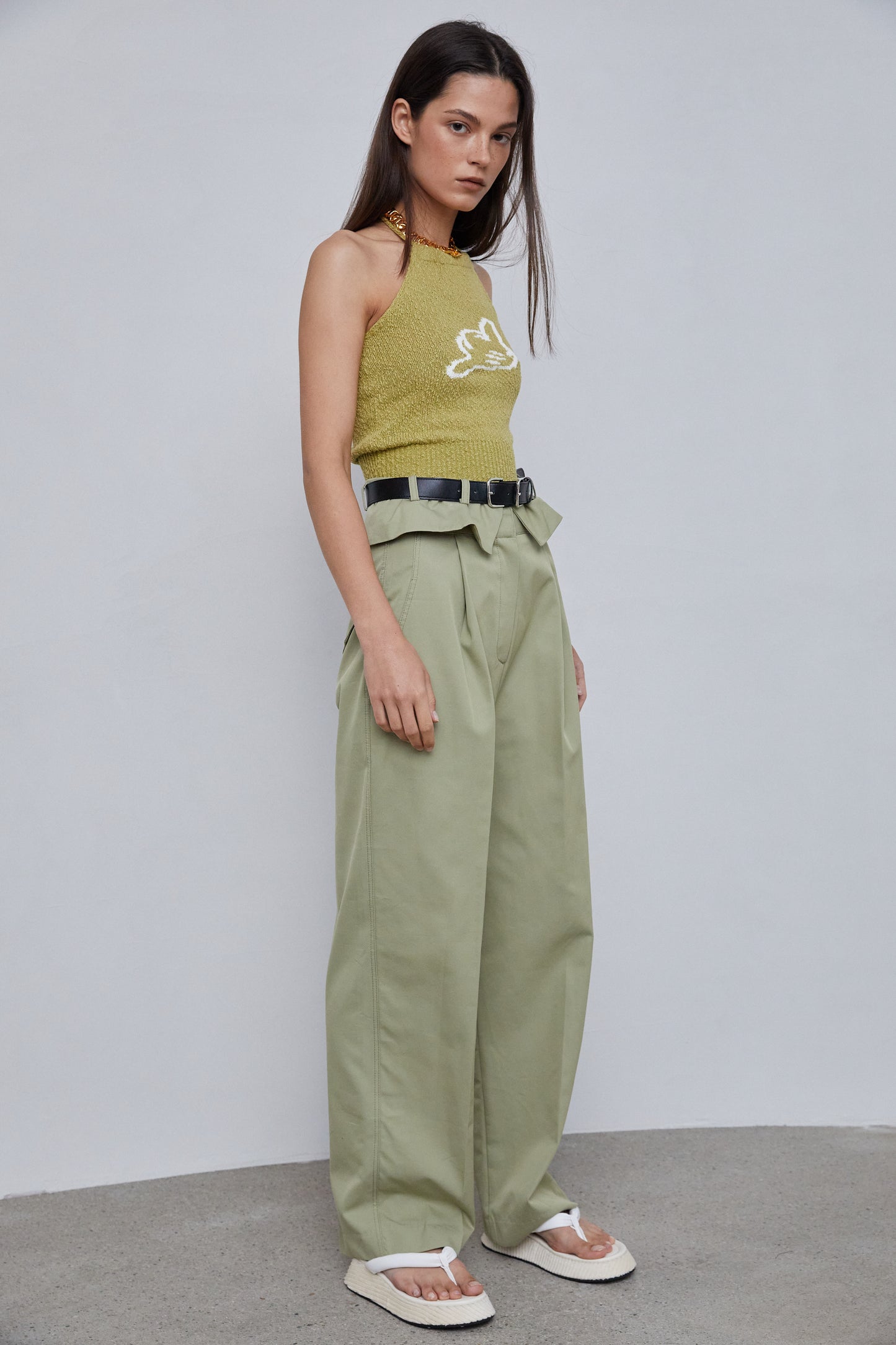 Foldover Double-Belted Pants, Olive Green