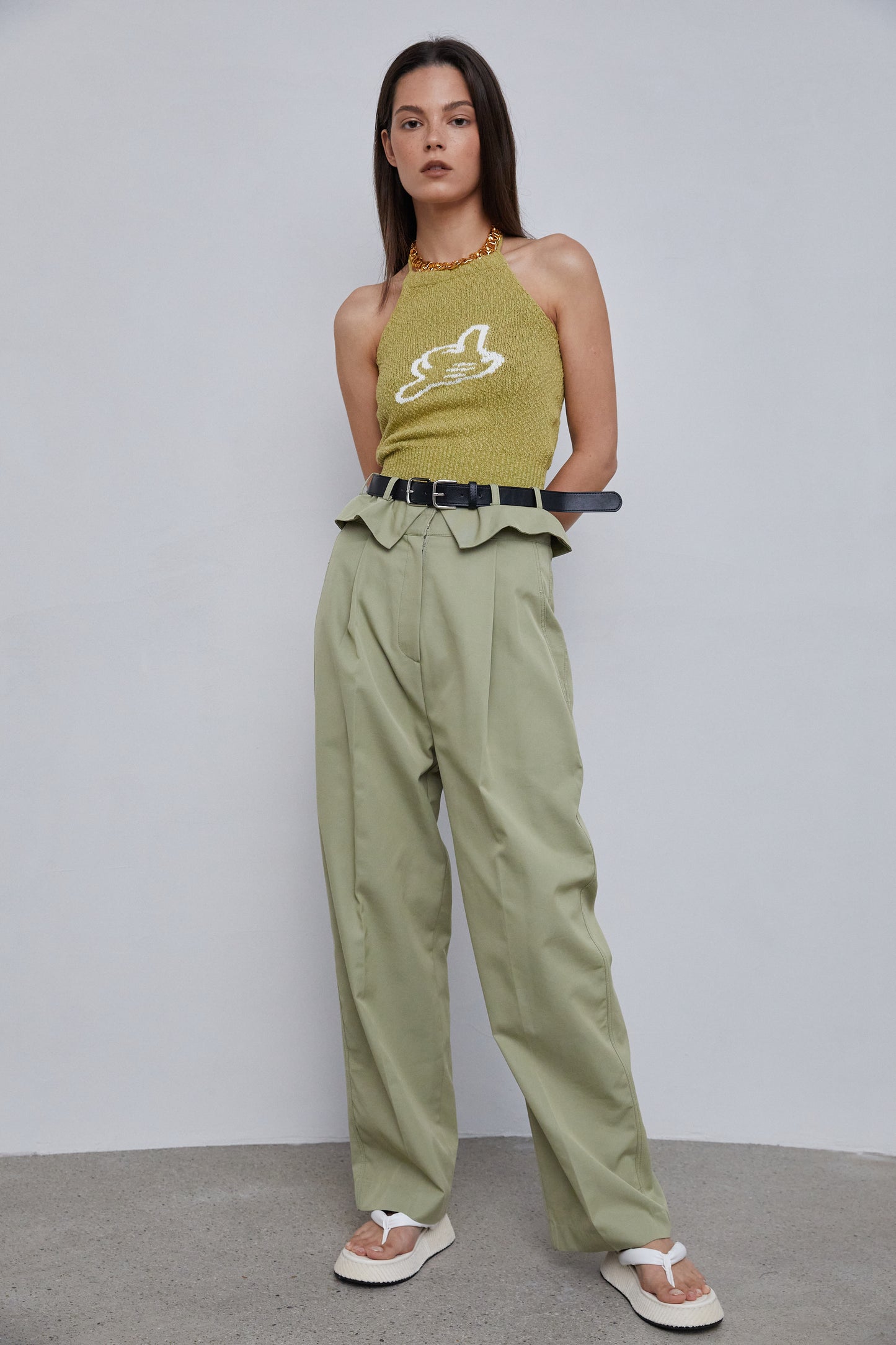 Foldover Double-Belted Pants, Olive Green