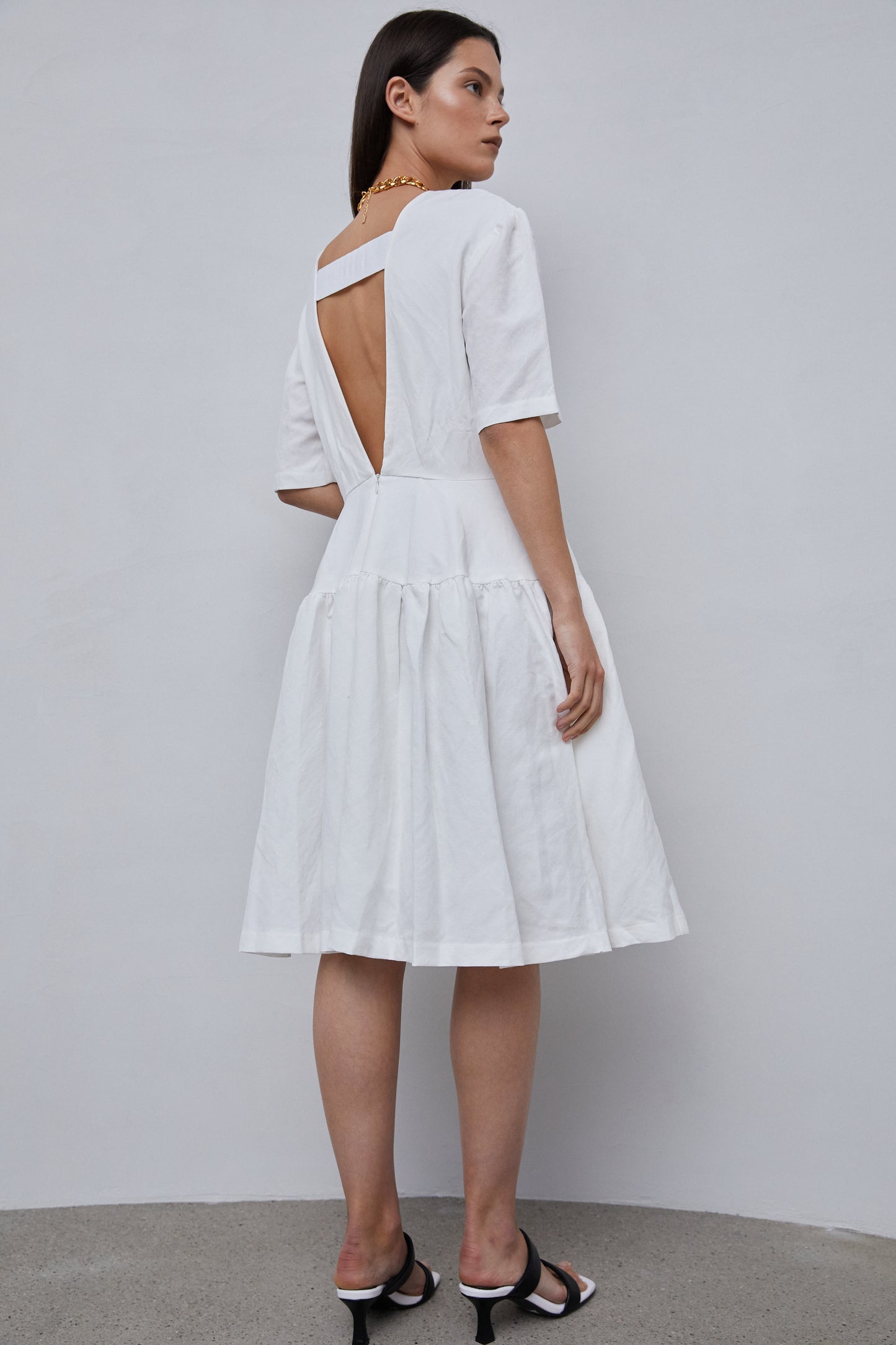 A-Line Open Back Midi Dress, White