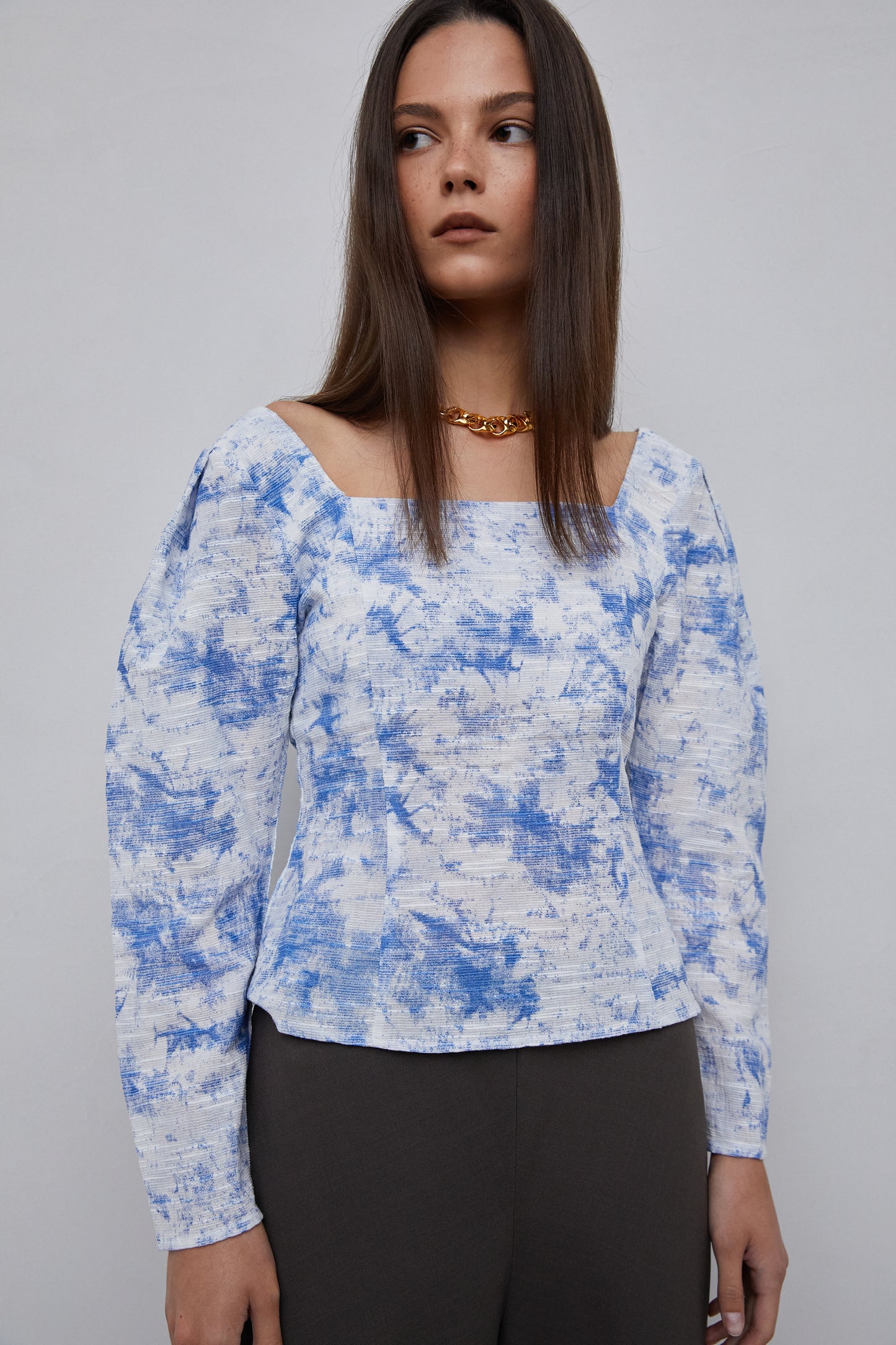 Linen Printed Square Neck Top, Blue
